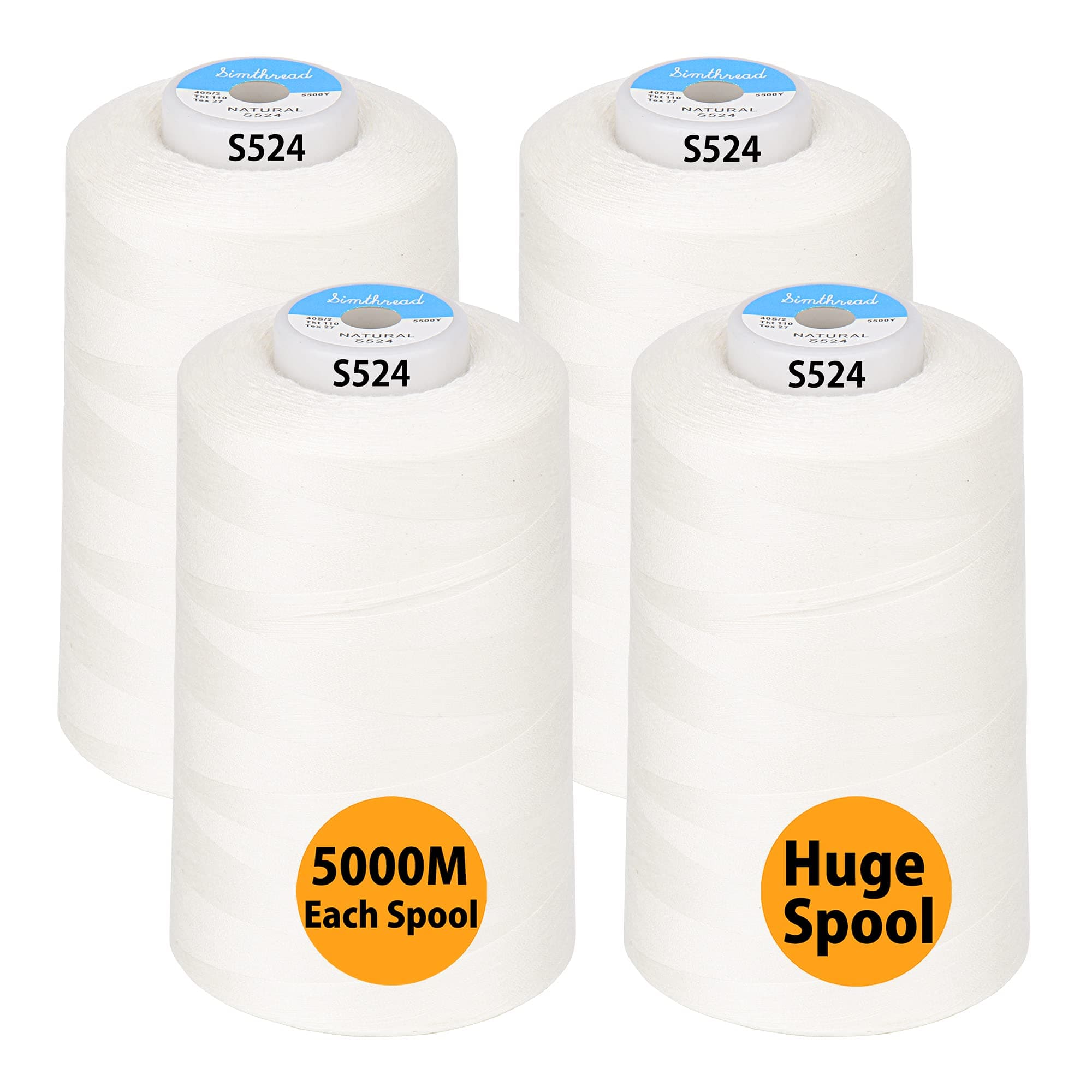 Simthread All Purpose Sewing Thread from 100% Spun Polyester for Serger, Overlock, Merrow, Quilting Sewing 4 Big Cones of 5000M (5500 Yards) Each - 40S/2 Natural