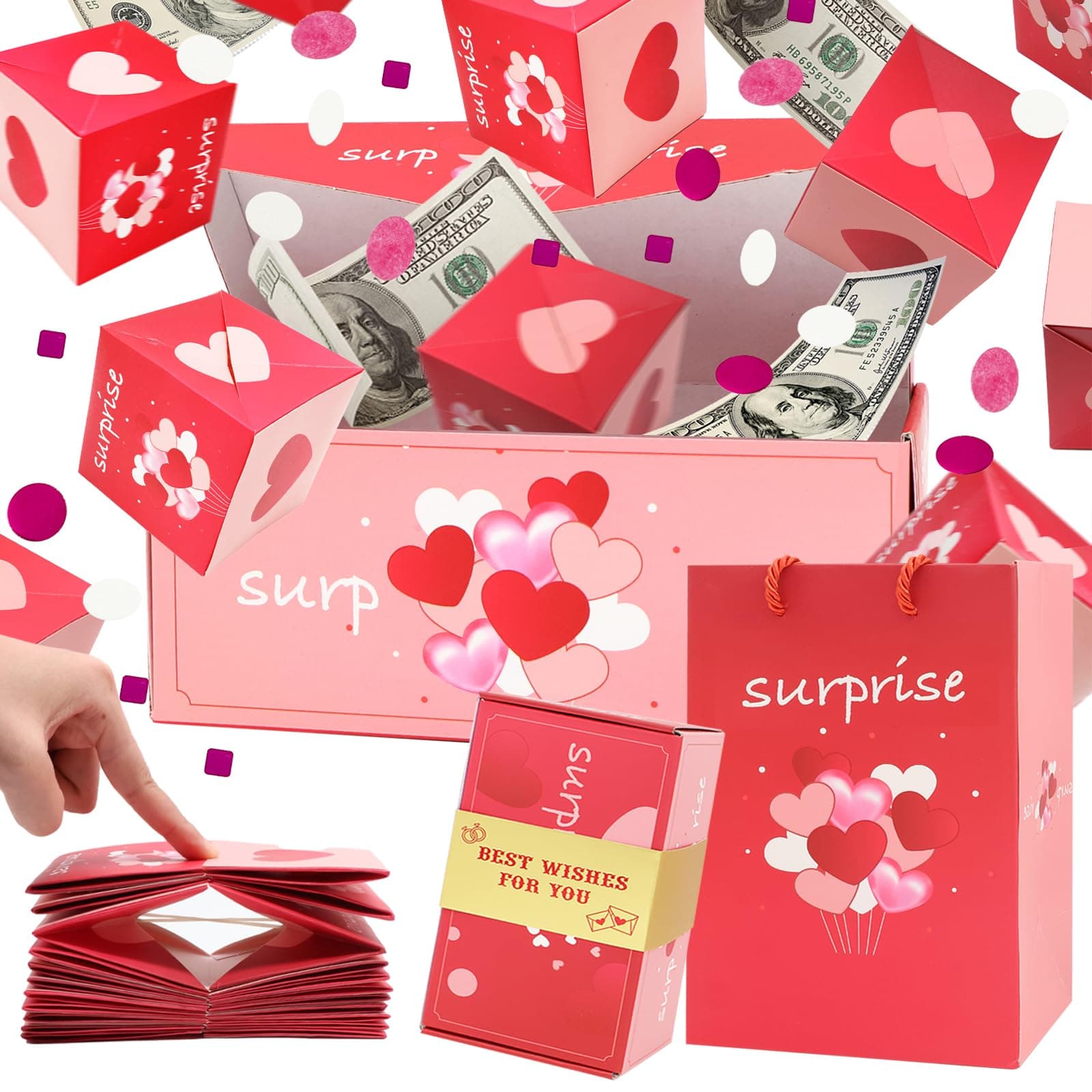 Surprise Gift Box Explosion for Money, Unique Folding Bouncing Red Envelope Gift Box with Confetti, Cash Explosion Luxury for Birthday Anniversary Valentine Proposal (15 Bounces) (Pink)