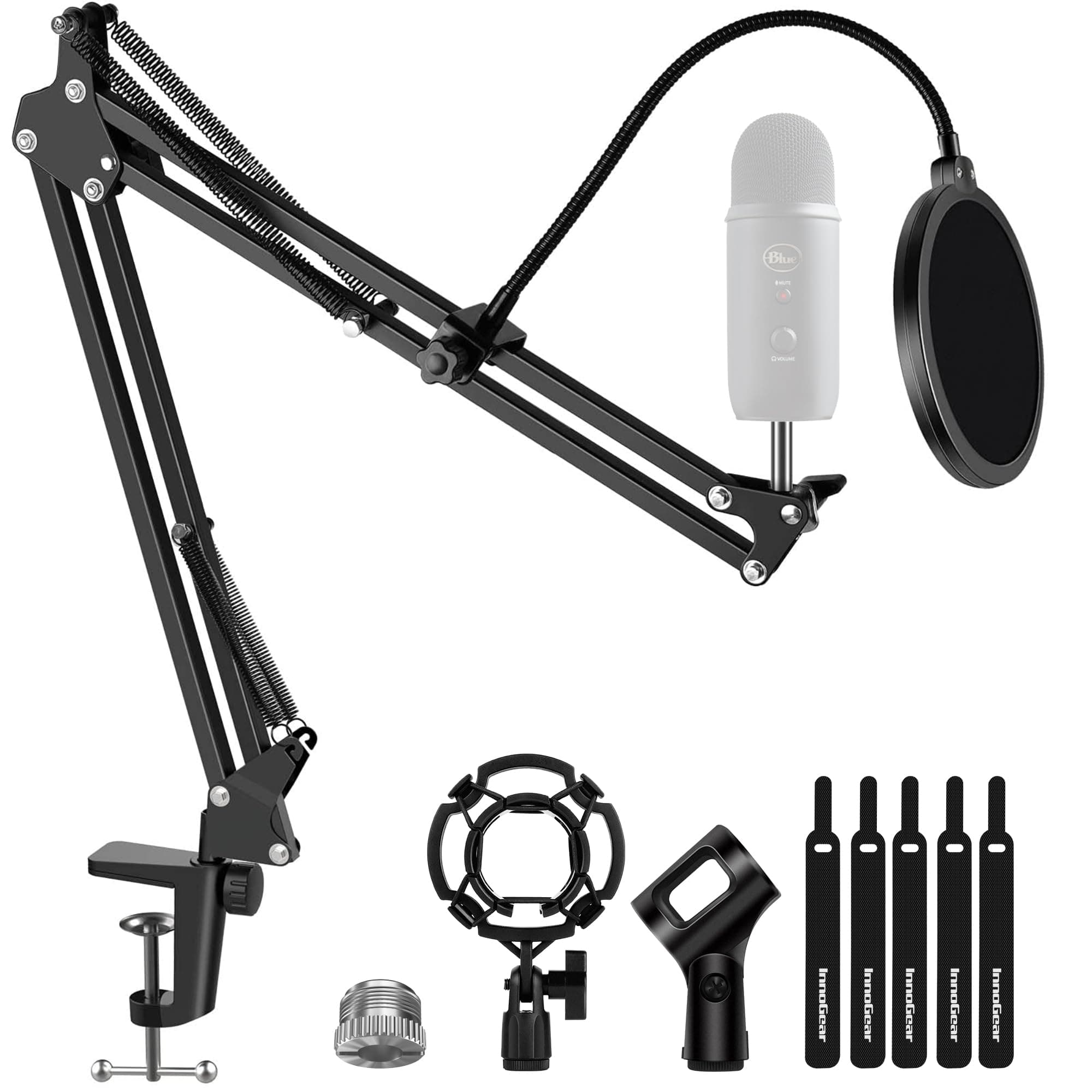 Microphone Stand Mic Boom Arm for Blue Yeti HyperX QuadCast S SoloCast Snowball Fifine K669B and other Mic, with Shock Mount Windscreen Pop Filter Mic Clip Holder Cable Ties, Large