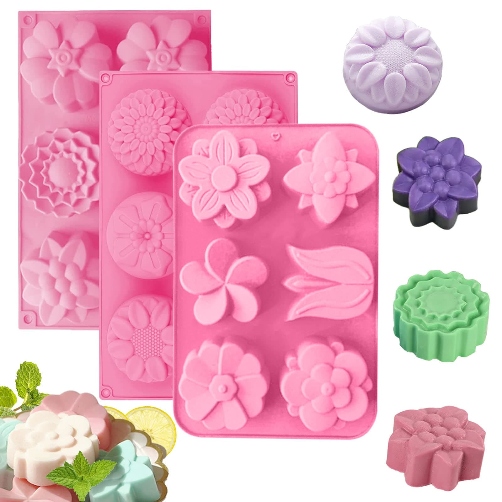 Silicone Soap Molds, different Cavities Soap Mold with Different Shapes, Perfect for Soap Making, Handmade Cake Chocolate Desserts Biscuit Pudding Teacake Jelly (3 Pack - Flower)