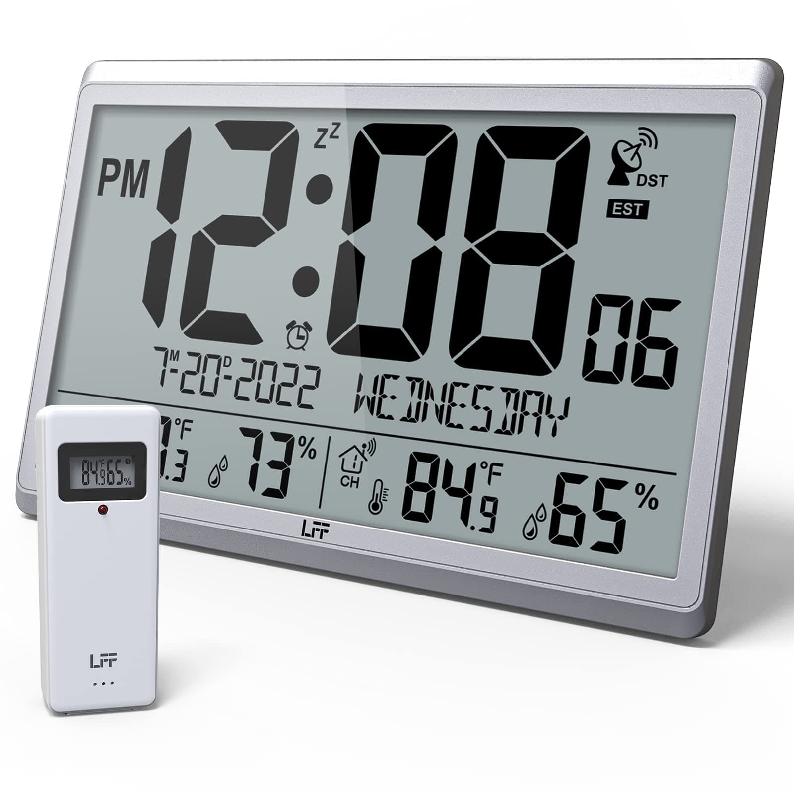 LFF Atomic Clock/Never Needs Setting, Digital Wall Clock with Indoor Outdoor Temperature & Humidity, Battery Operated, Wireless Sensor, 4.5'' Numbers Easy-to-Read, Silvery (LWC150)