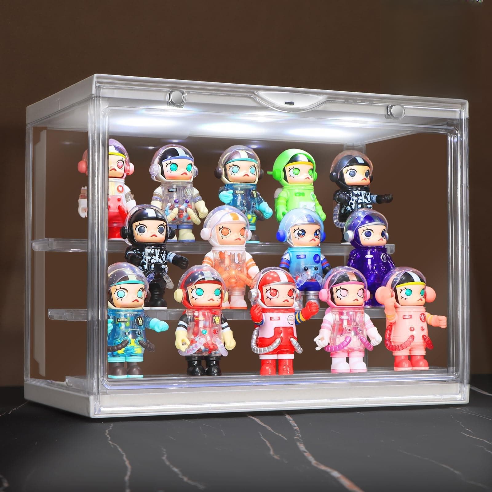 – Clear Acrylic Display Case with LED Lights – 3-Tier Dustproof Organizer Stand for Mini Funko Pop, Pop Mart & Lego Minifigures, 30x17x23 cm Showcase