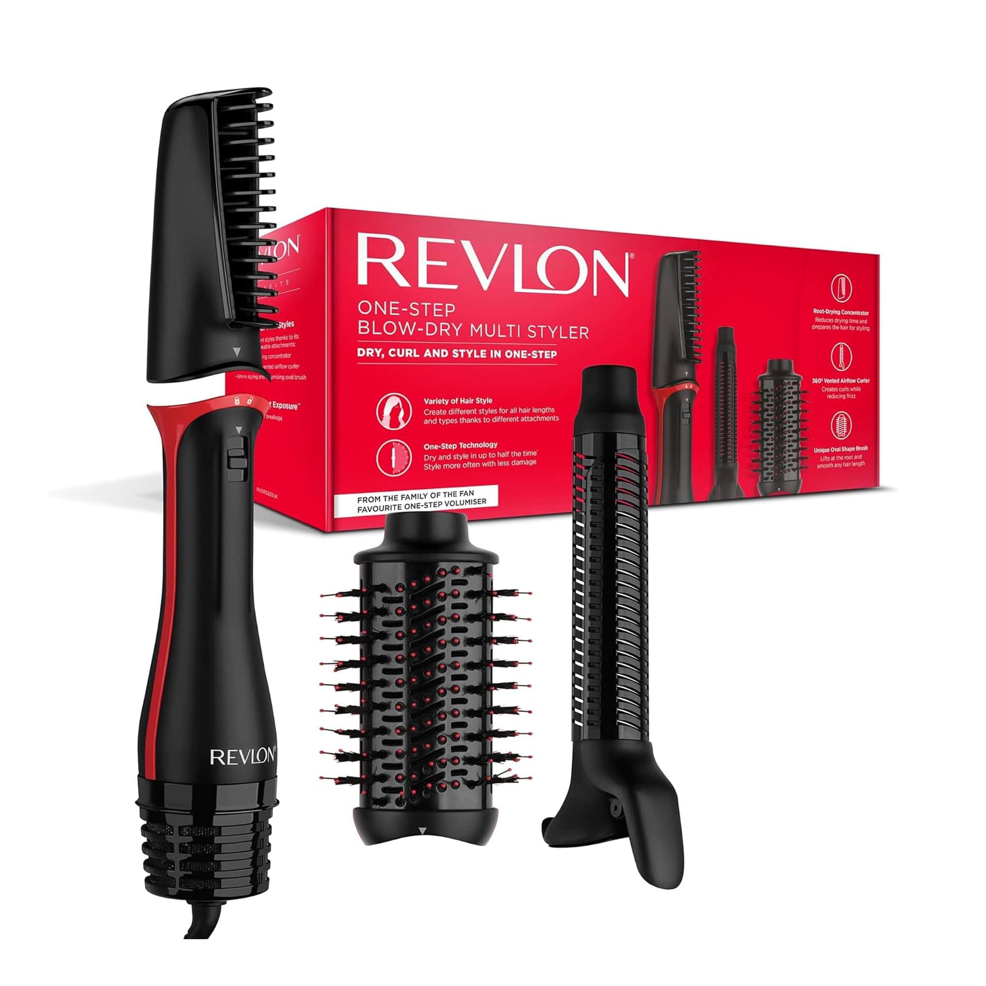 Revlon One Step Blow-Dry Multi Styler - 3 in 1 Dry, Curl and Volumizer with 3 Attachments - Detachable Head, Curler, Dryer, Styler, 4 Settings - 360 Airflow curler - RVDR5333 Black