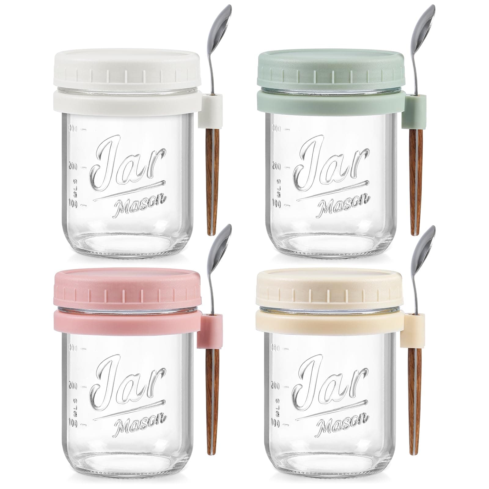 4 Pack Overnight Oats Containers with Lids and Spoons, 16 oz Glass Mason Jars with Airtight Lids, Overnight Oats Jars for Milk, Cereal, Fruit