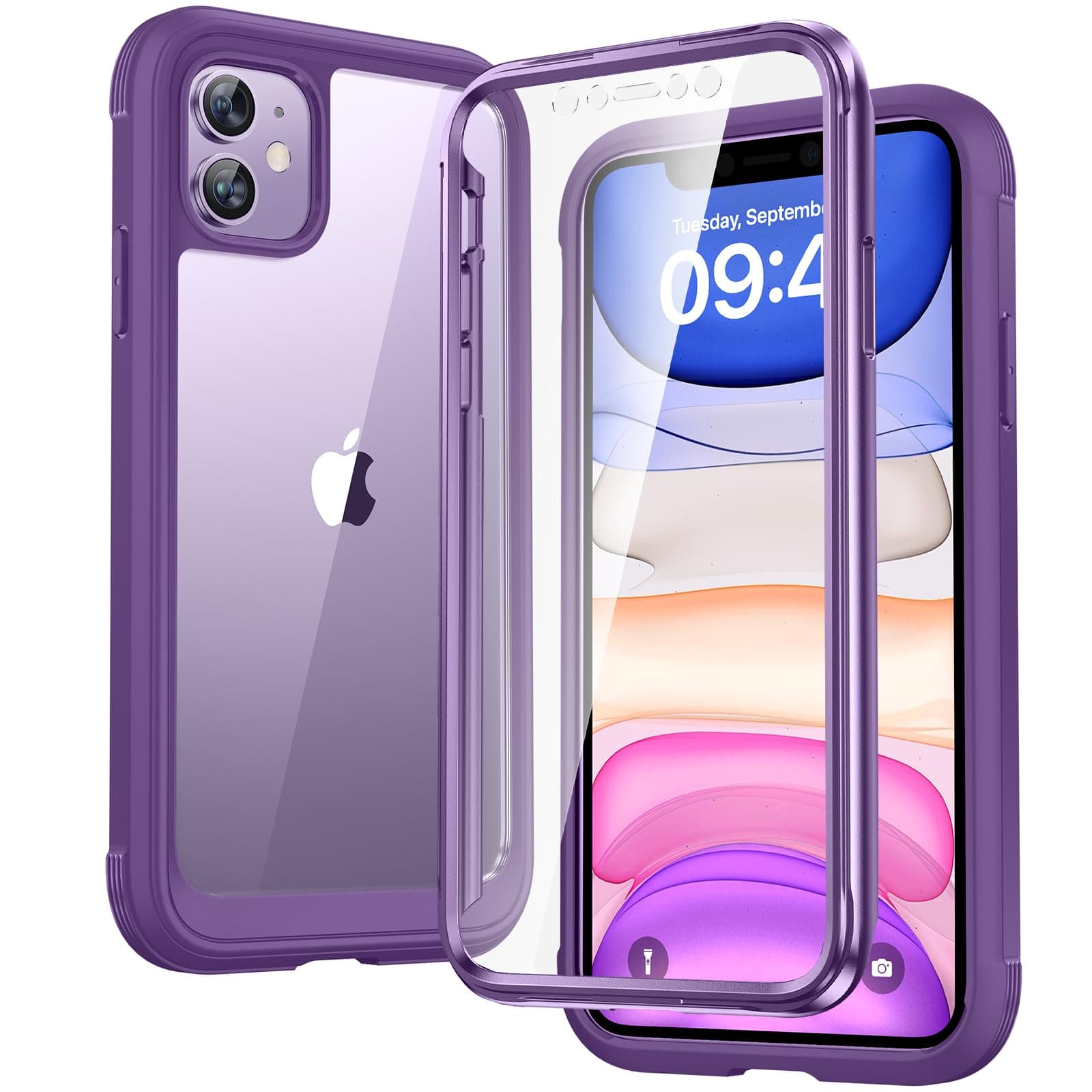 Compatible with iPhone 11 Case, Full Body Rugged with Built-in Touch Sensitive Anti-Scratch Screen Protector, Soft TPU Bumper Case Clear Compatible with iPhone 11 6.1" (Purple and Clear)