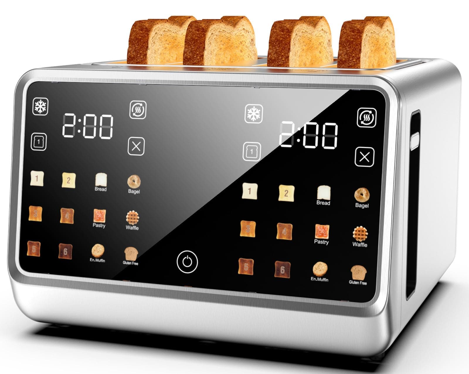 - 4 Slice Toaster– Dual Digital Smart TouchScreen & Independent Control Panel | Single-Slot Tech, Timer/Reheat/Defrost for Bagels, Bread | 1800W Stainless Steel, 6 Toast Types & Shade Settings