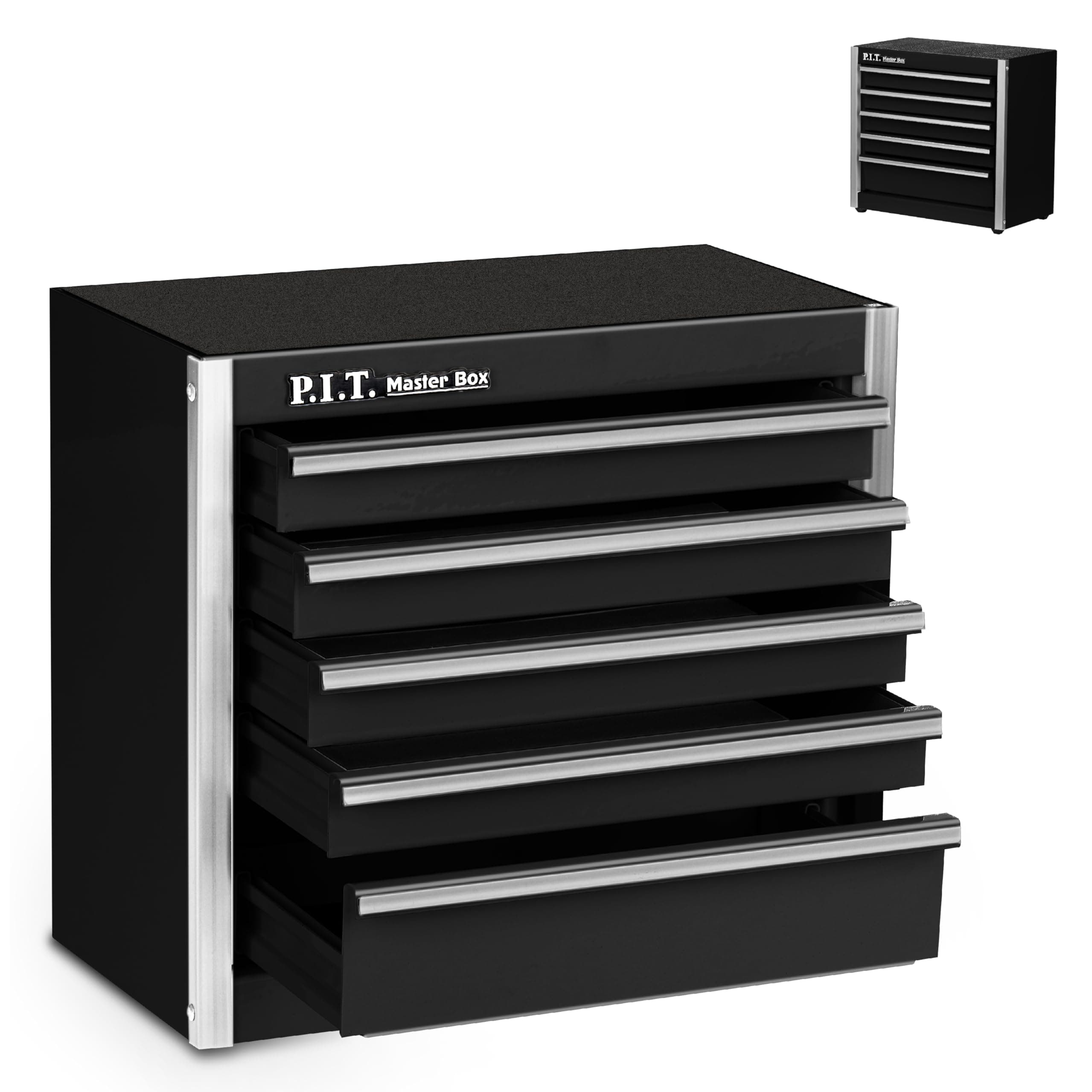 P.I.T. Mini Black Tool Box, Portable 5-Drawer Micro Roll Cab Steel Box With Liner, Small Case For Tools Storage, Home Diy