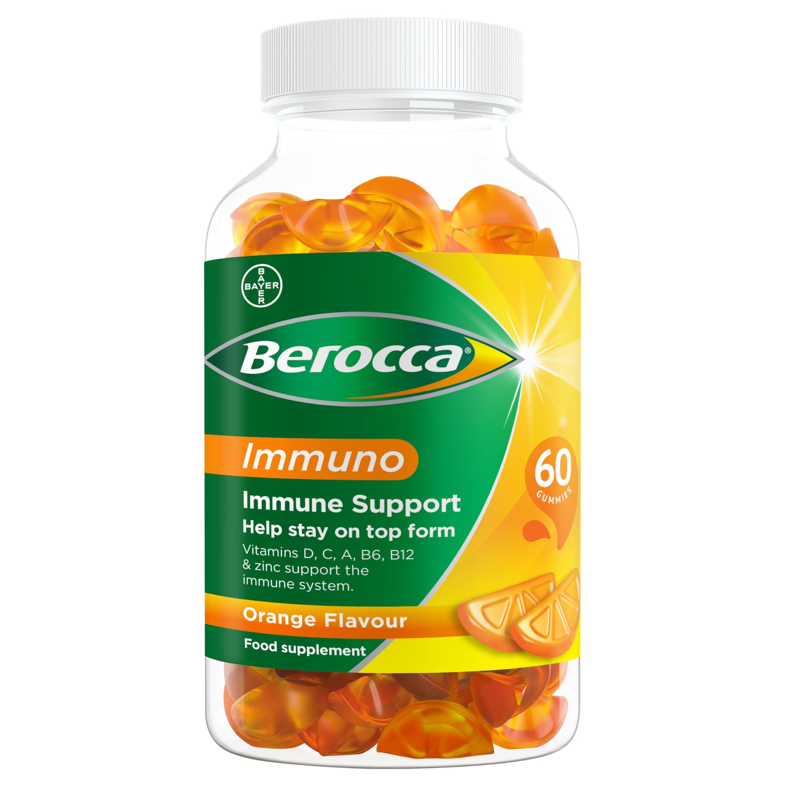Immuno Multivitamin Gummies - Immune System Support Including Vitamin D, C, A, B-Complex (B6, B7, B12), E and Zinc - Supplement for Women, Men and Kids - 60 Gummies - Orange Flavour