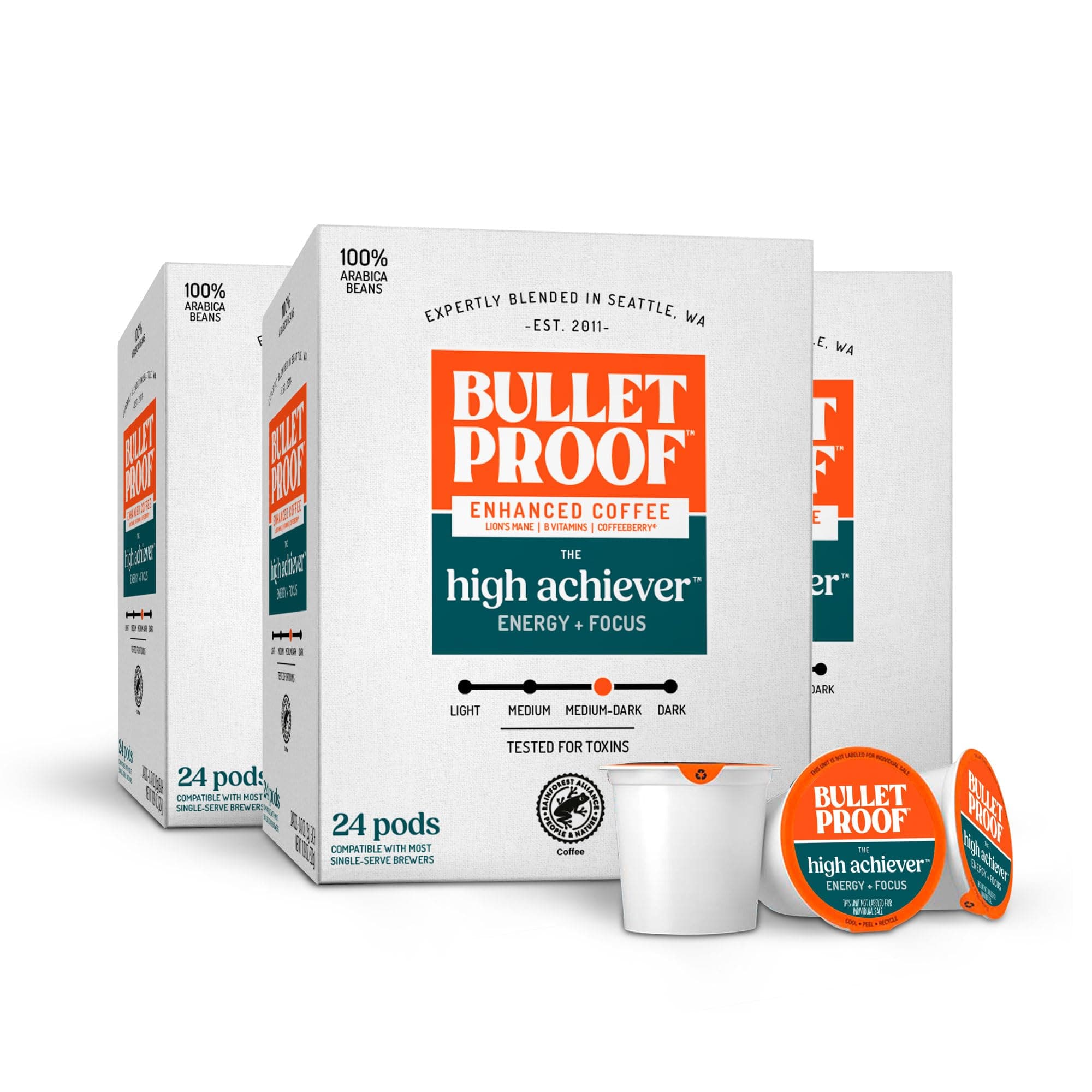 Bulletproof The High Achiever Coffee Capsules, Medium Dark Roasted Coffee, 72 Capsules with Lion Mane Mushroom, B Vitamins and Adaptogens for Energy and Concentration