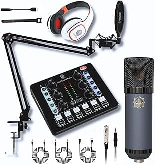 - Condenser Microphone Kit with Studio Headphones, Live Sound Card, Boom Arm Stand, Shock Mount and Pop Filter Ideal for Recording, Starmaker Singing, Live Streaming and Podcast Setup (D-440)