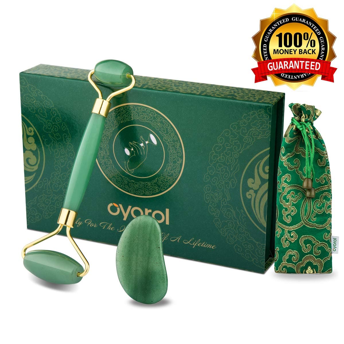 Jade Roller for Face,Anti-aging Jade Roller Massager Eye Jade Facial Roller for Women Puffiness, Real Jade 100% Natural Herbivore Jade Facial Roller Jade Stone Roller Set with Gua Sha Tool,Case,Pouch