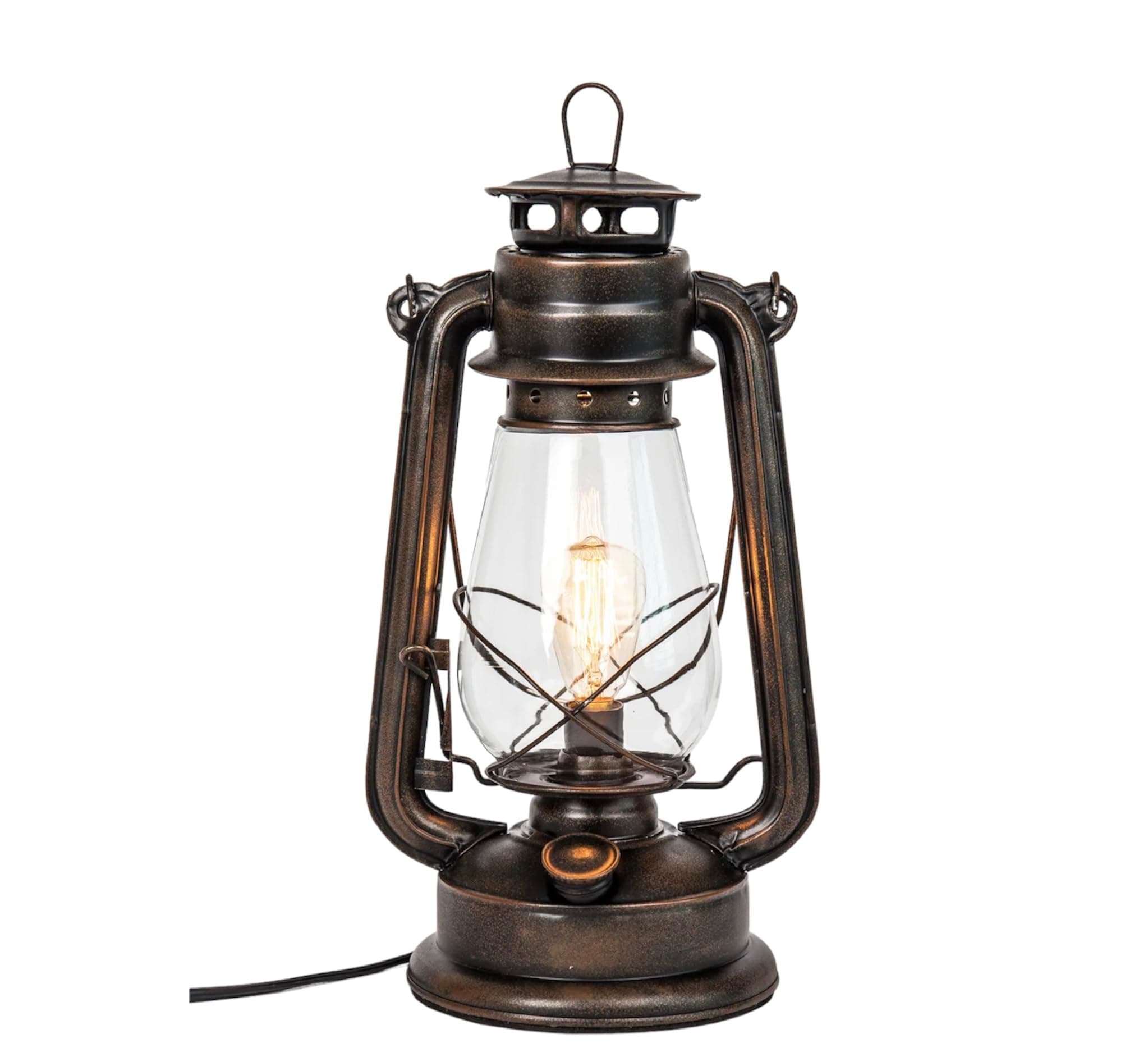 Dimmable Electric Lantern Table Lamp with line Cord dimmer and Edison Style Vintage Bulb-Rustic Rust Finish