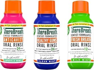 TheraBreath Mouthwash, Anticavity Sparkle Mint & Healthy Gums Clean Mint & Fresh Breath Mild Mint, Alcohol-Free, Travel Size, 3 fl oz Each