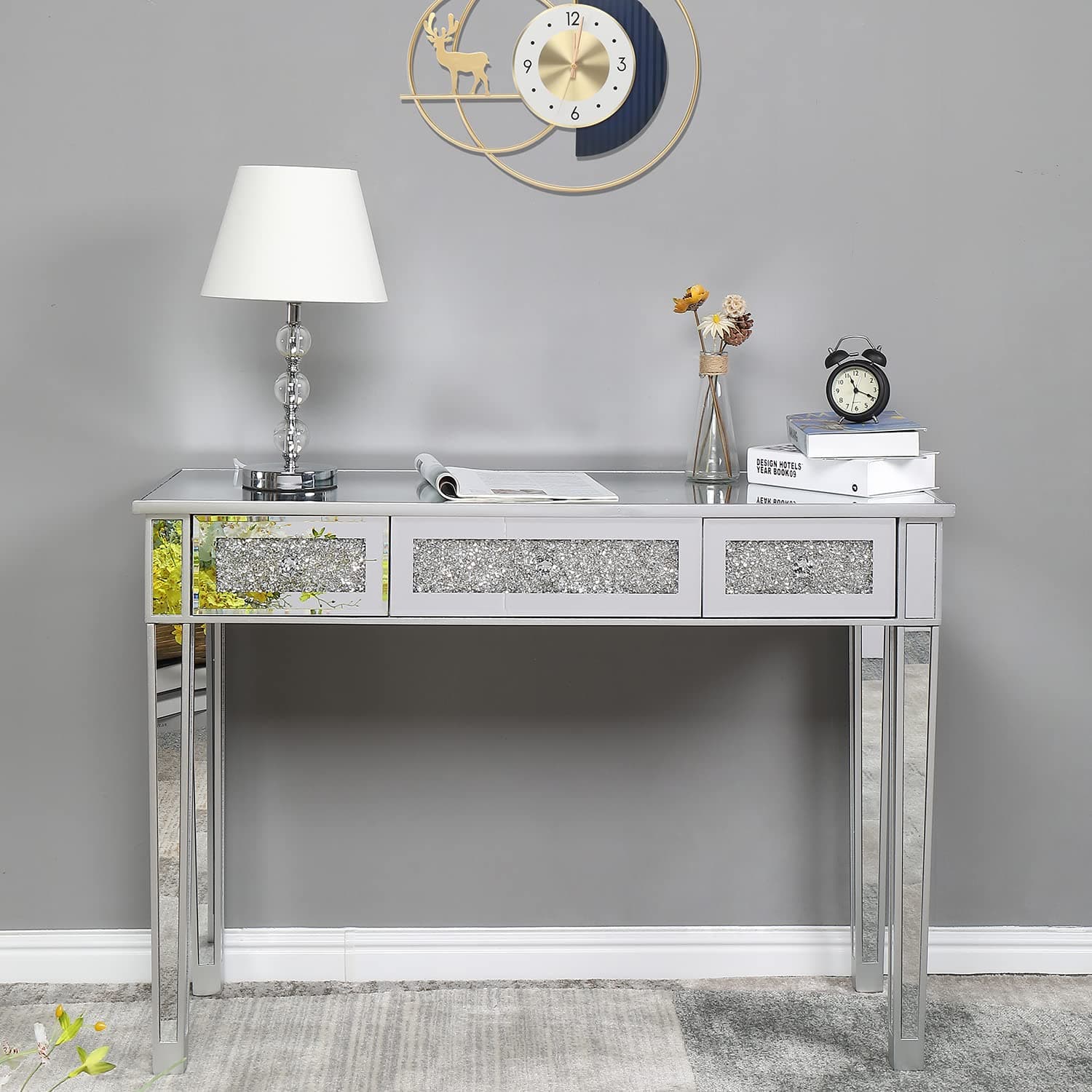 Mirrored Desk with 3 Drawers Silver Console Table Mirror Sofa Table with Crystal Inlay Front for Living Room, Entryway, Foyer, 42 Inch