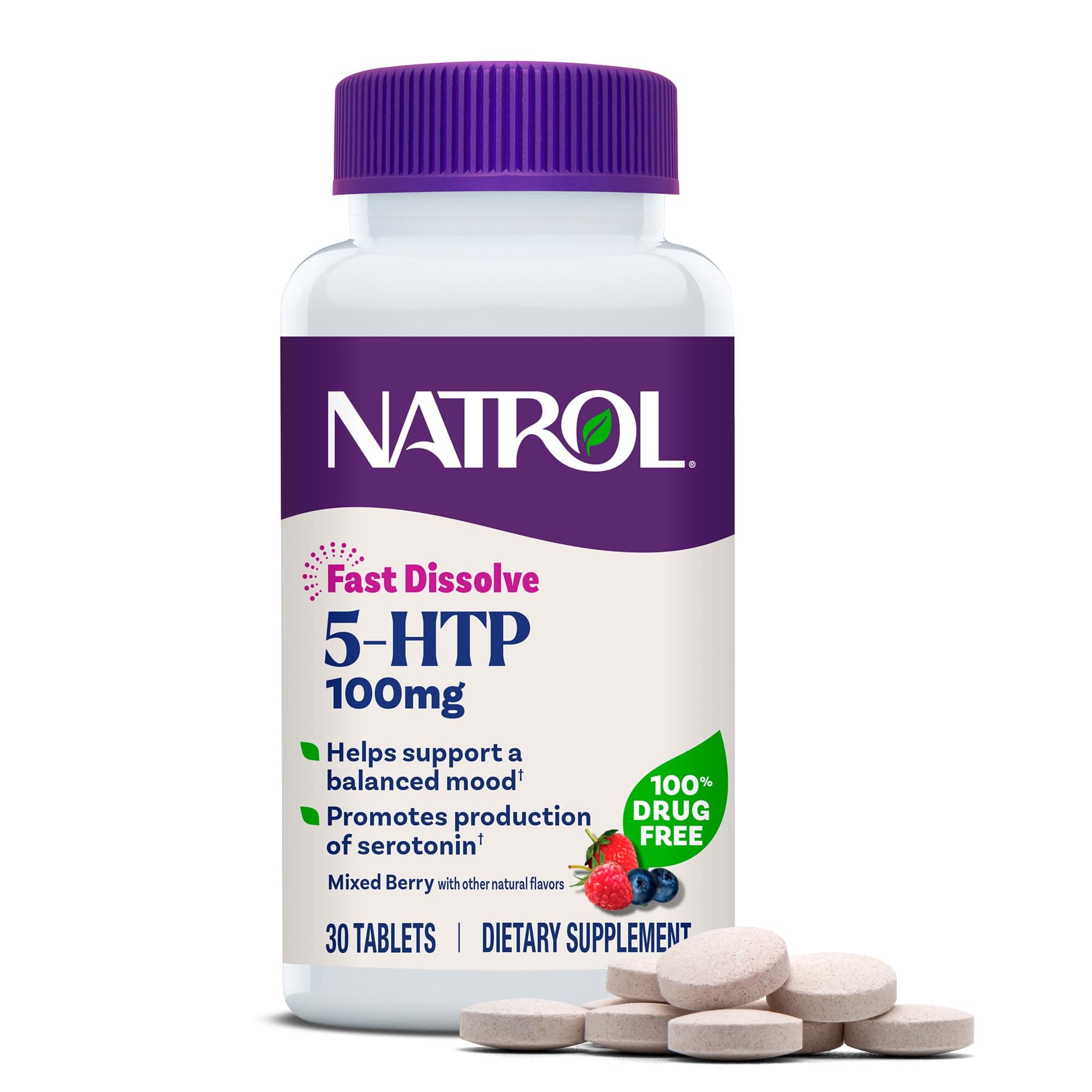 Natrol 5-HTP Fast Dissolve Tablets, Promotes a Calm Relaxed Mood, Helps Maintain a Positive Outlook, Drug-Free, Controlled Release, Maximum Strength, Wild Berry Flavor
