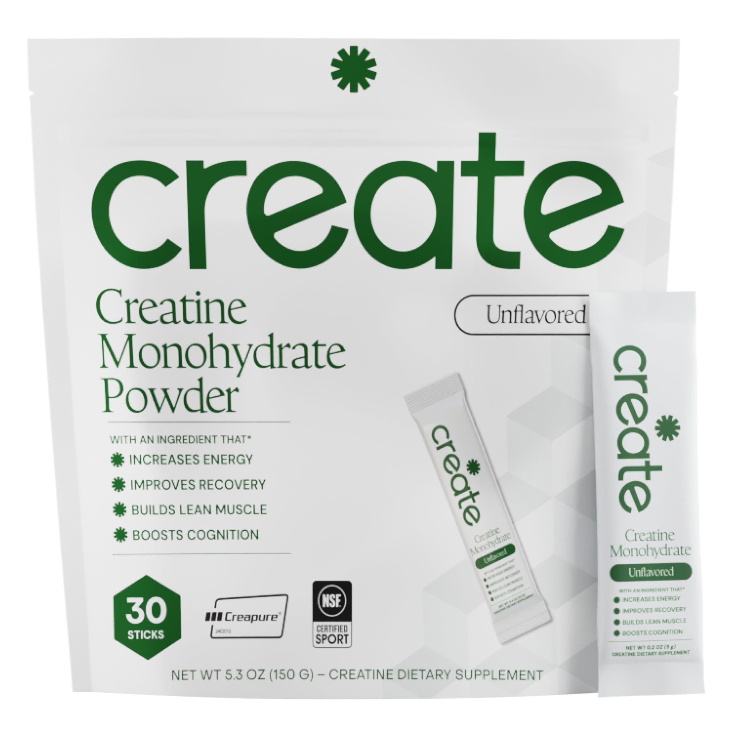 Create Creatine Monohydrate Powder - Creatine Travel Packets, Made with Creapure, 3rd Party Tested & NSF Certified for Sport, 30 Stick Packs, Unflavored