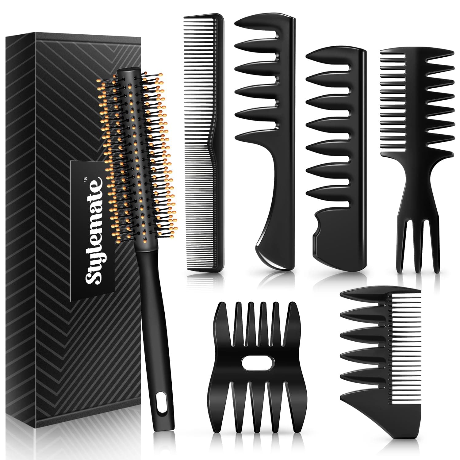 Men's Hair Styling Combs and Brush Set - Roller Brush for Adding Volume, Pompadour, Slicked-back, Fauxhawk, Undercut Styling Combs