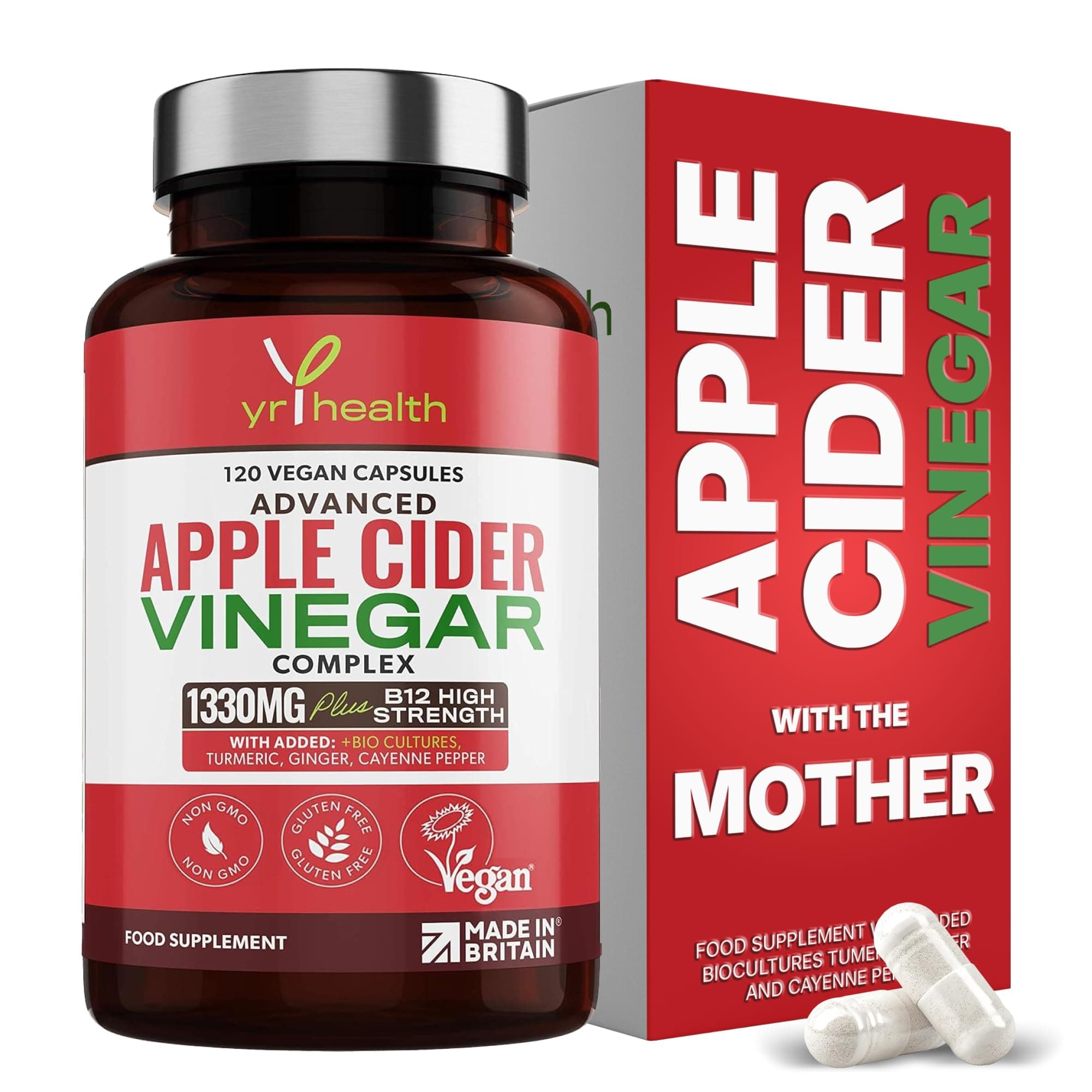 Apple Cider Vinegar Capsules Max Strength with Cayenne Pepper, Bio-Cultures, Turmeric, Ginger, Vitamin B12, 1330mg, 120 Vegan Keto ACV from Apples with Mother, UK Made by YrHealth