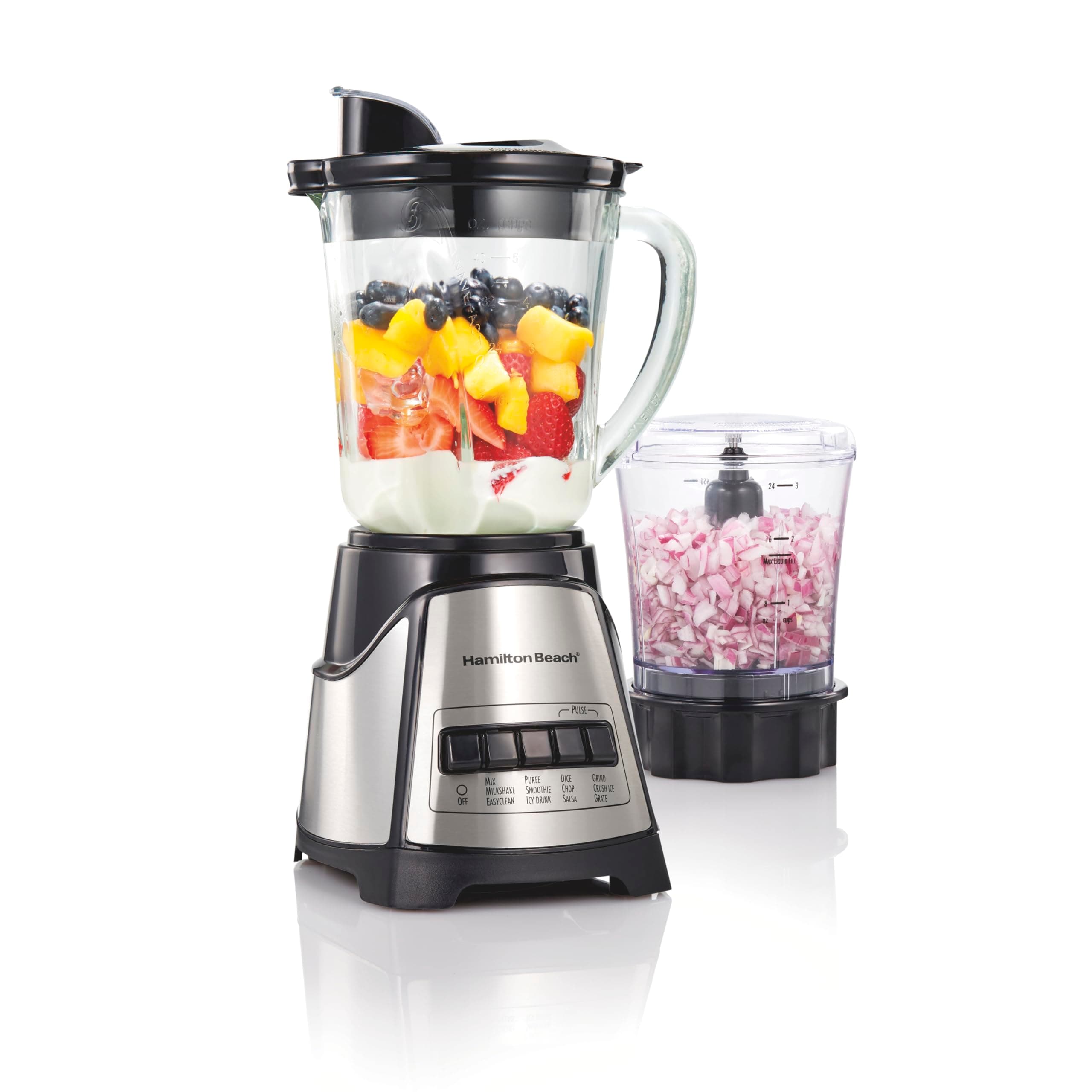 Power Elite Blender for Smoothies with 3-Cup Vegetable Chopper, Mini Food Processor, 40oz Glass Jar, 12 Functions for Puree, Ice Crush, Black and Stainless Steel (58149)