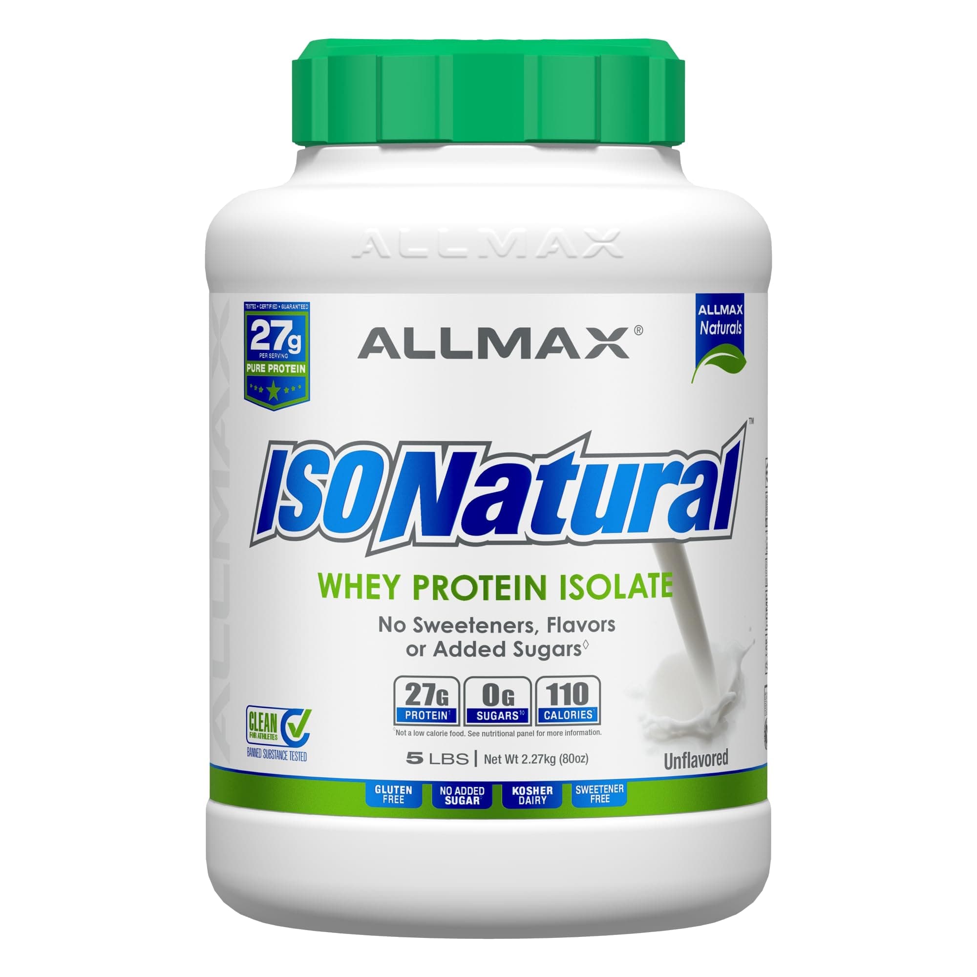 ALLMAX ISONATURAL Whey Protein Isolate, Unflavored - 5 lb - 27 Grams of Protein Per Scoop - Zero Fat & Sugar - 99% Lactose Free - with Prebiotics - No Artificial Flavors - Approx. 78 Servings
