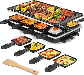 TONZE Indoor Grill - 2 IN 1 Korean bbq Grill Pancake Machine Electric Griddle Nonstick Raclette Grill with 8 Cheese Melt Pans for Dinner Family Party