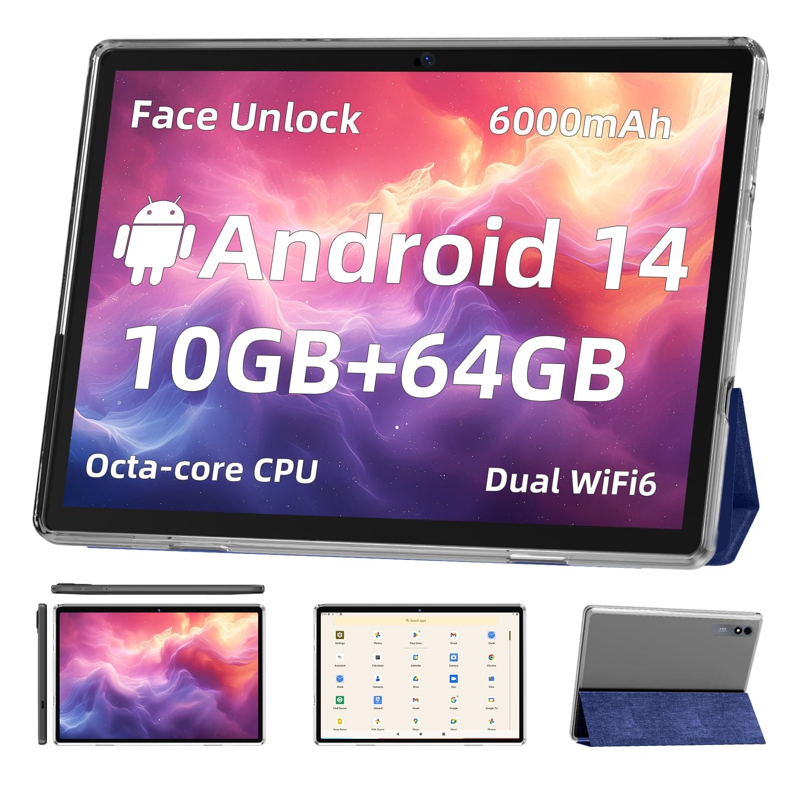 TUOHAITIME Android 14 Tablet,10 inch Tablets, Octa Core CPU, 10GB+64GB+512GB Expansion, 1280x800 Display Screen, Wi-Fi6, Dual Cameras, 6000mAh Battery,Support Widevine L1 Google Kids Space, Blue