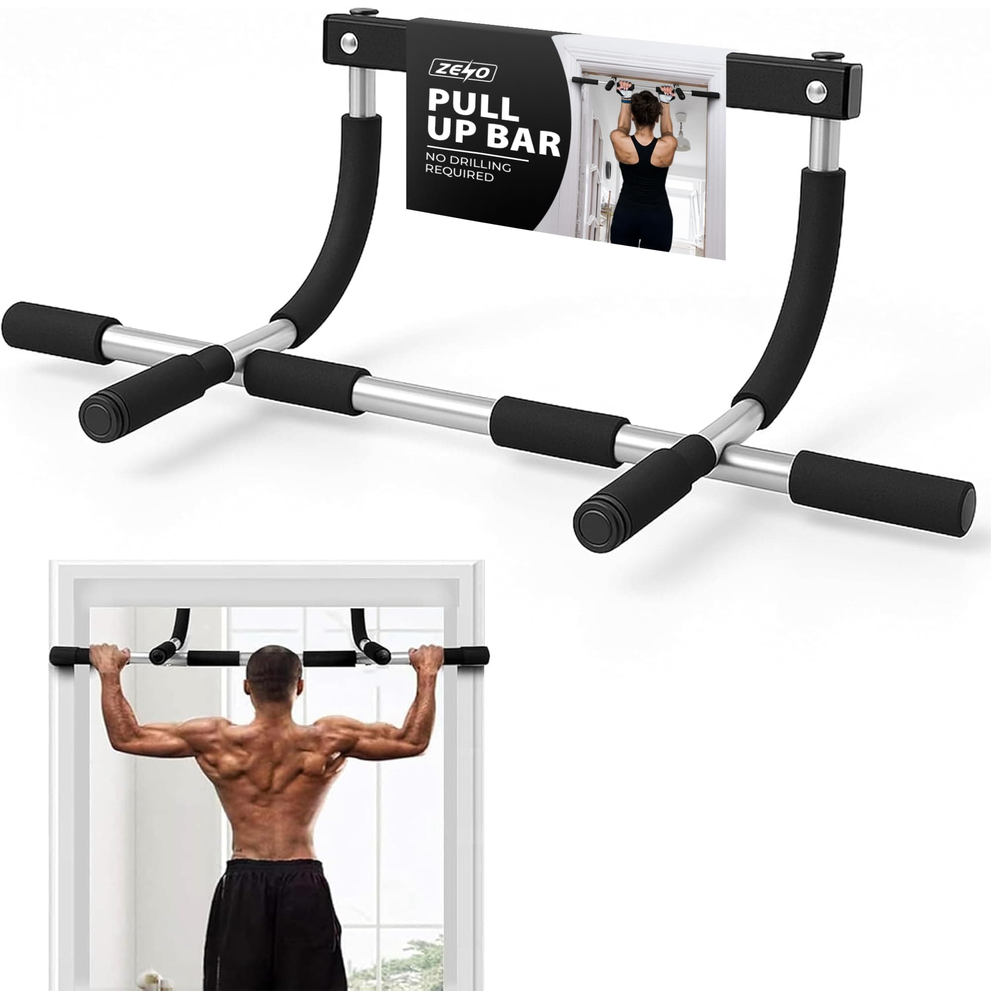 ZENO Pull Up Bar | Pull Up Bar for Doorway | Chin Up Bar with Padded Handles | Door Mounted Bar for Pull Ups | No Drilling Required | Black & Grey