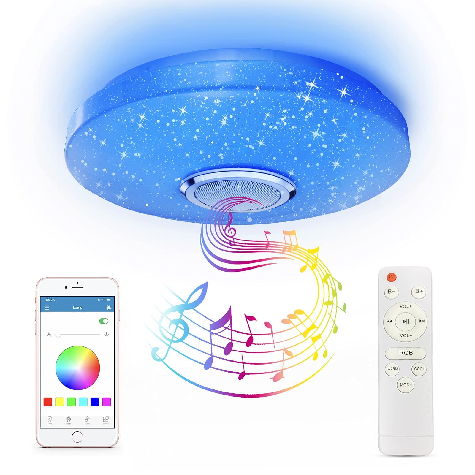 RGB LED Ceiling Light with Bluetooth Speaker 36W, High Sound Quality ,Cool/Warm White Colour Changing lamp with Remote Control and App,Waterproof Lamp for Bedroom Bathroom Ø30cm