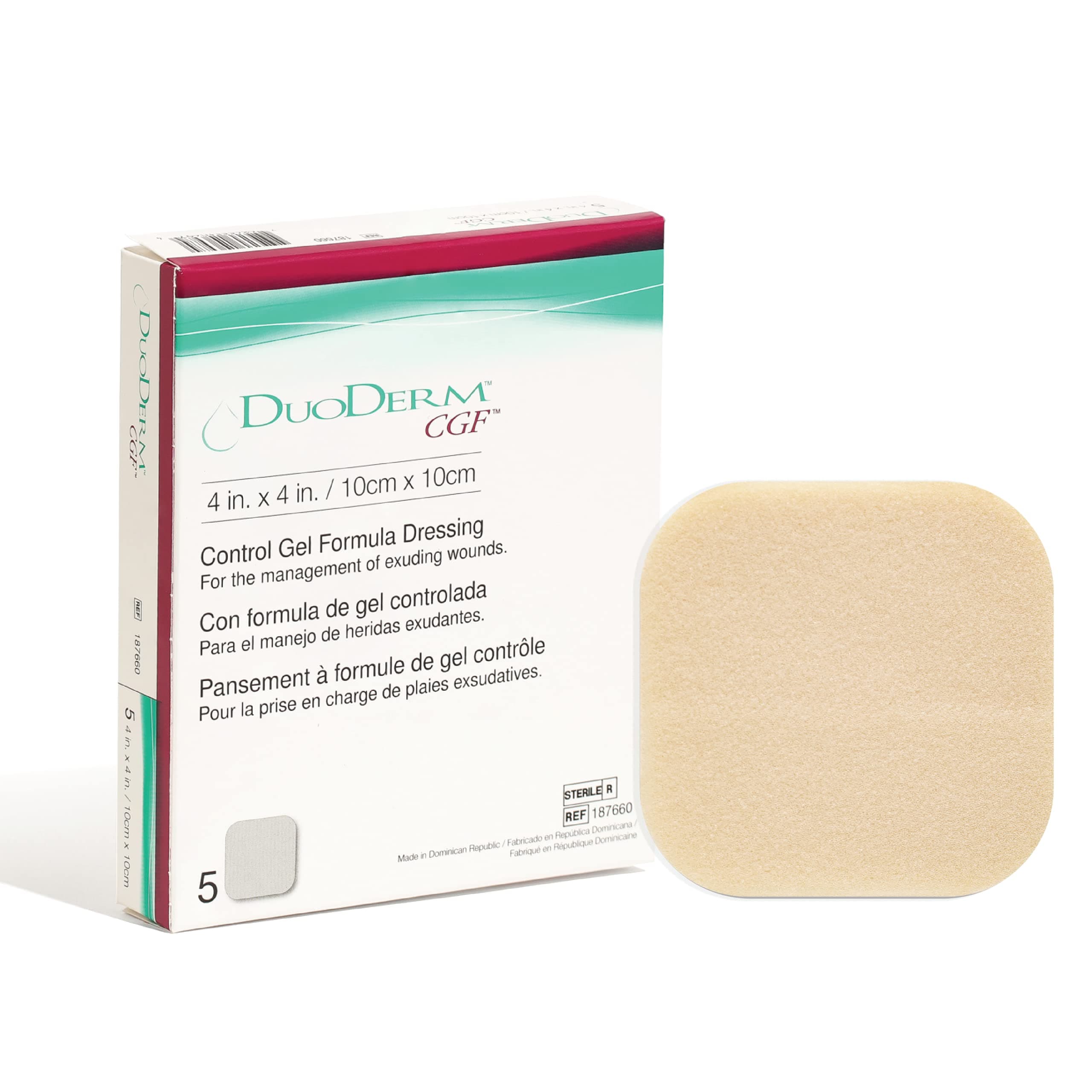 DuoDERM Control Gel Formula 4"x4" Hydrocolloid Sterile Adhesive Dressing for Partial and Full-Thickness Wounds, Medical Grade, Latex-Free, Waterproof, Square, Beige, 5ct Box