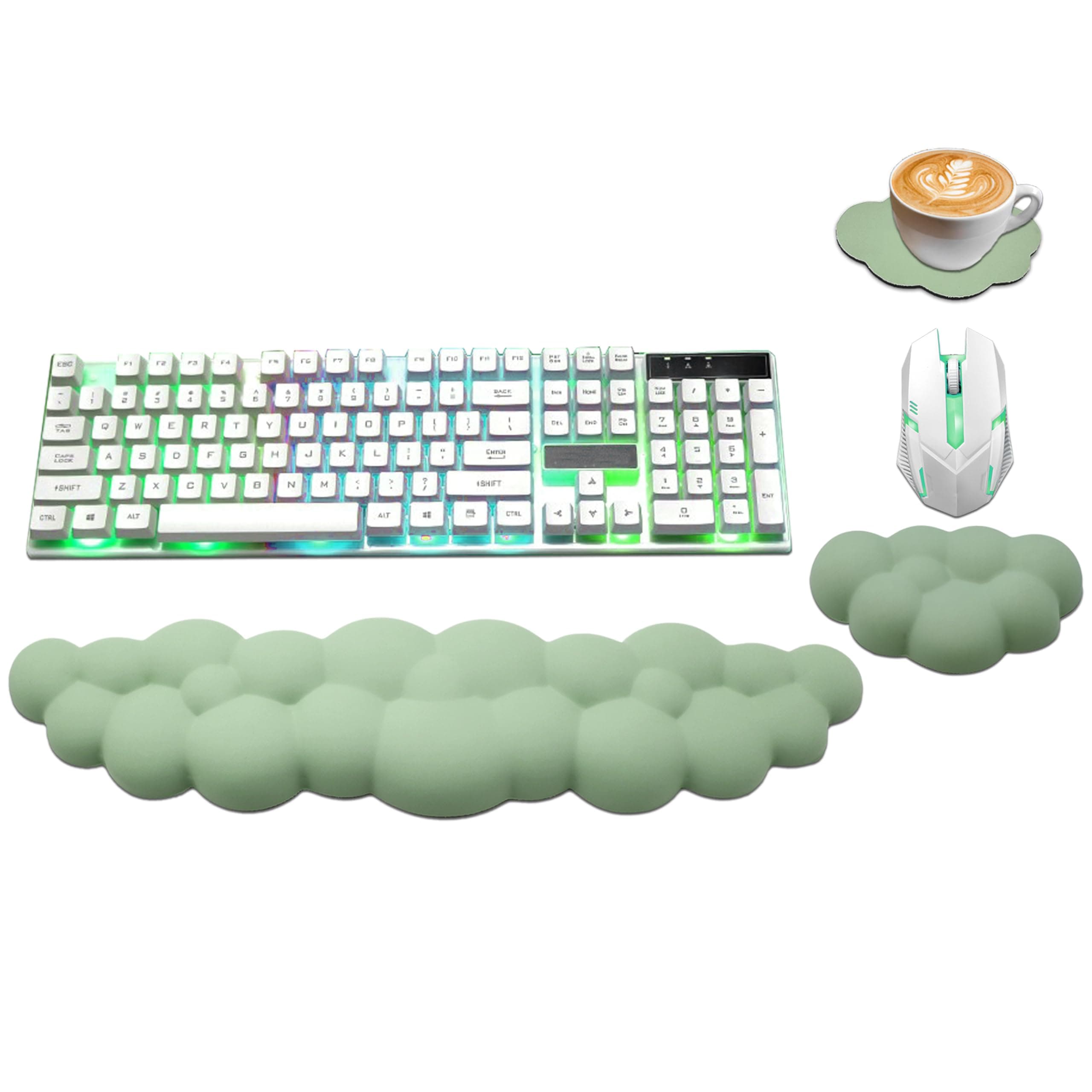 Cloud Wrist Rest Keyboard, PU Leather Memory Foam Wrist Rest for Computer Keyboard, Ergonomic Keyboard Wrist Rest and Cute Mouse Wrist Rest for Gaming,Office,Computer,Typing Pain Relief,Pastel Green