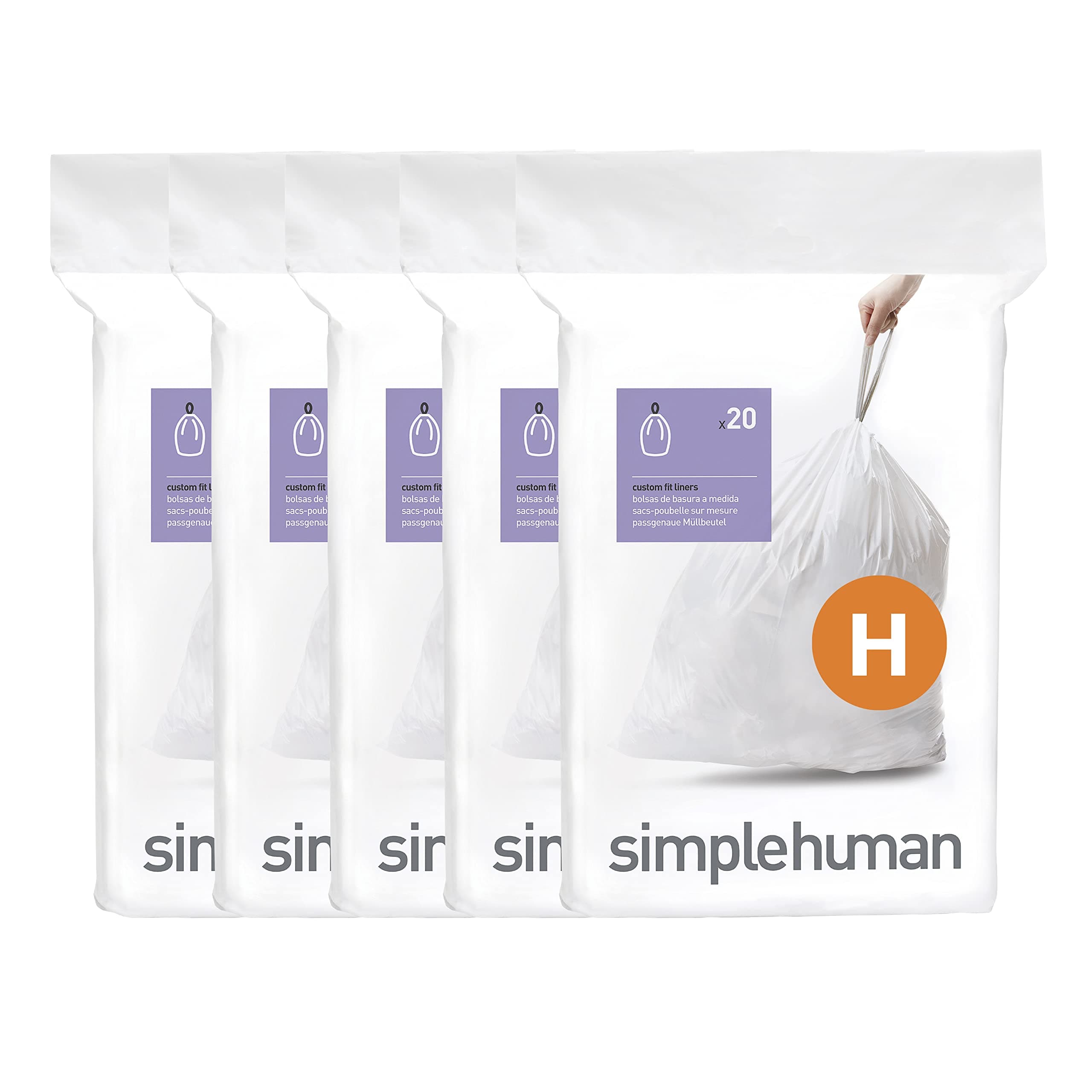 simplehuman Code H 100 Count, Dispenser Pack Custom Fit Liners, Drawstring Trash Bags, 30-35 Liter / 8-9 Gallon, White
