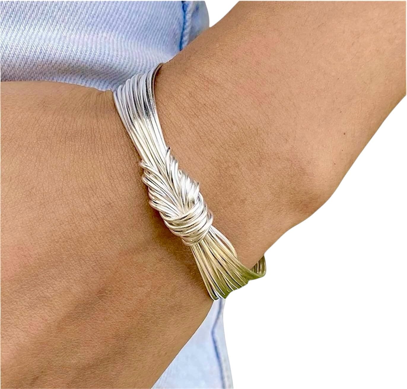 Handmade Sterling Silver Knot Cuff Bracelet, Tied White Silver Strings Minimalist Adjustable Cuff, Gift for Her