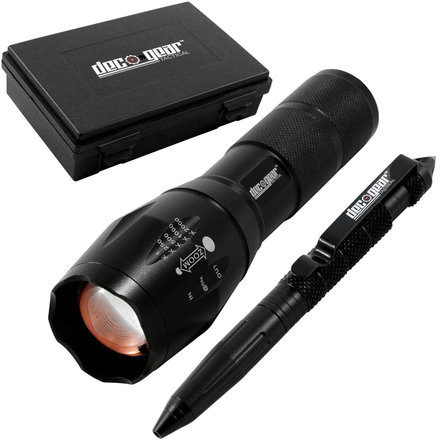 Deco Gear Tactical Flashlight and Tactical Pen Bundle with Water/Shockproof Case | Self Defense/Emergency Glass Breaking Point | Bright 800 Lumen LED Flashlight with Strobe