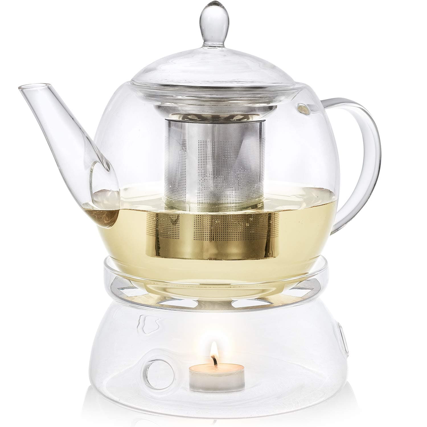 Teabloom Prague Glass Tea Maker & Warmer Set – Large Capacity (45 oz) – Heatproof Borosilicate Glass Teapot with Removable Stainless Steel Loose Tea Infuser – Stovetop Safe Kettle