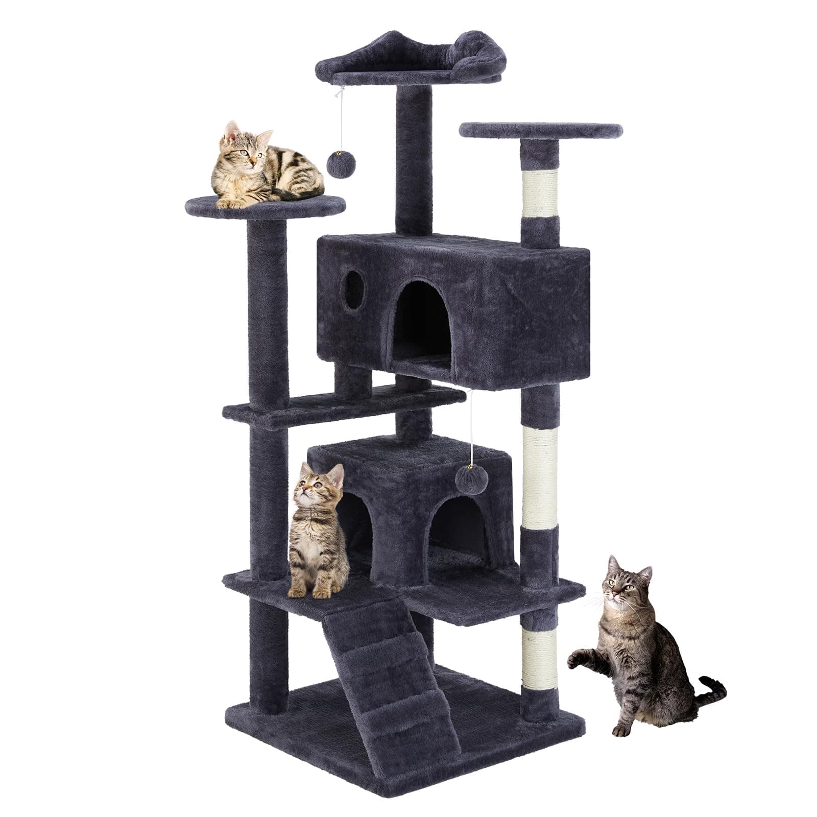 DUMOS 54-inch Indoor Cat Tree Tower –Multi-Level Pet House for Large Cats with 2 Condos, Scratching Posts, Round Platform, Small Ladder, and Toys – Perfect for Cats of All Ages, Grey