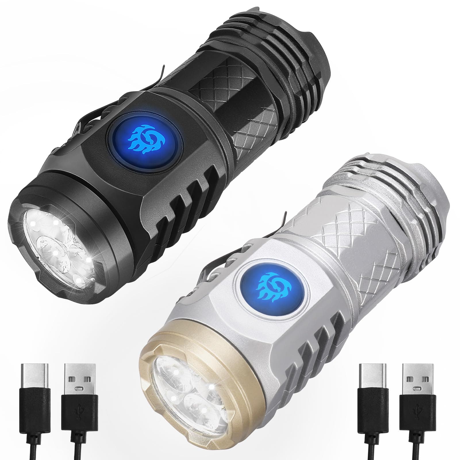 Zuimei 2Pcs Mini Torch Rechargeable Super Bright, 5 Lighting Modes Flashlight Long Battery Torch for Power Cuts, Emergency, Camping, Outdoor [Energy Class A+] [Energy Class A+]