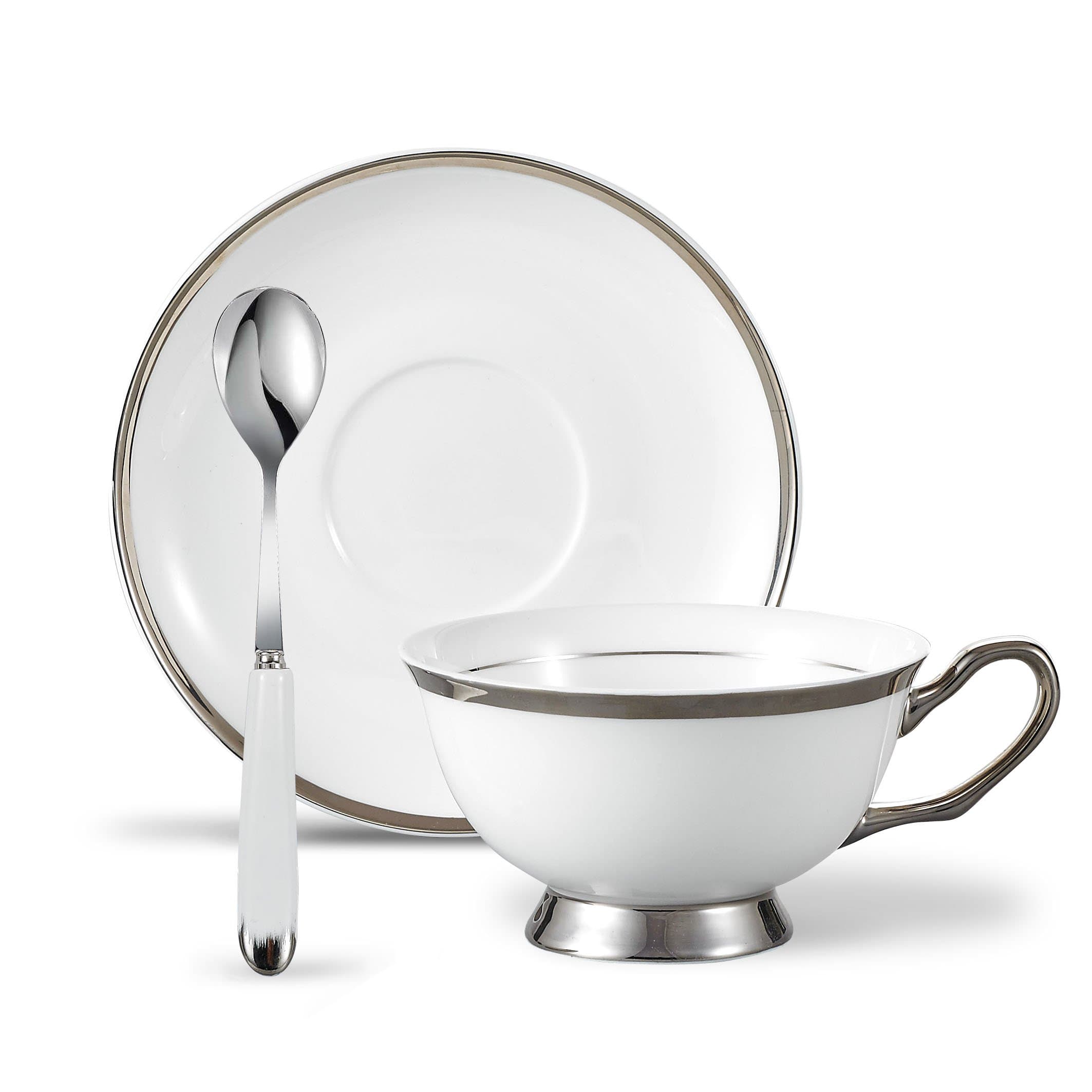 Panbado Cups & Saucers Sets with Spoons, Ivory White and Silver Patterned Bone China 3-Pieces Set Ceramic Tea Coffee Cup Teacups Porcelain Floral Ceremic Mugs