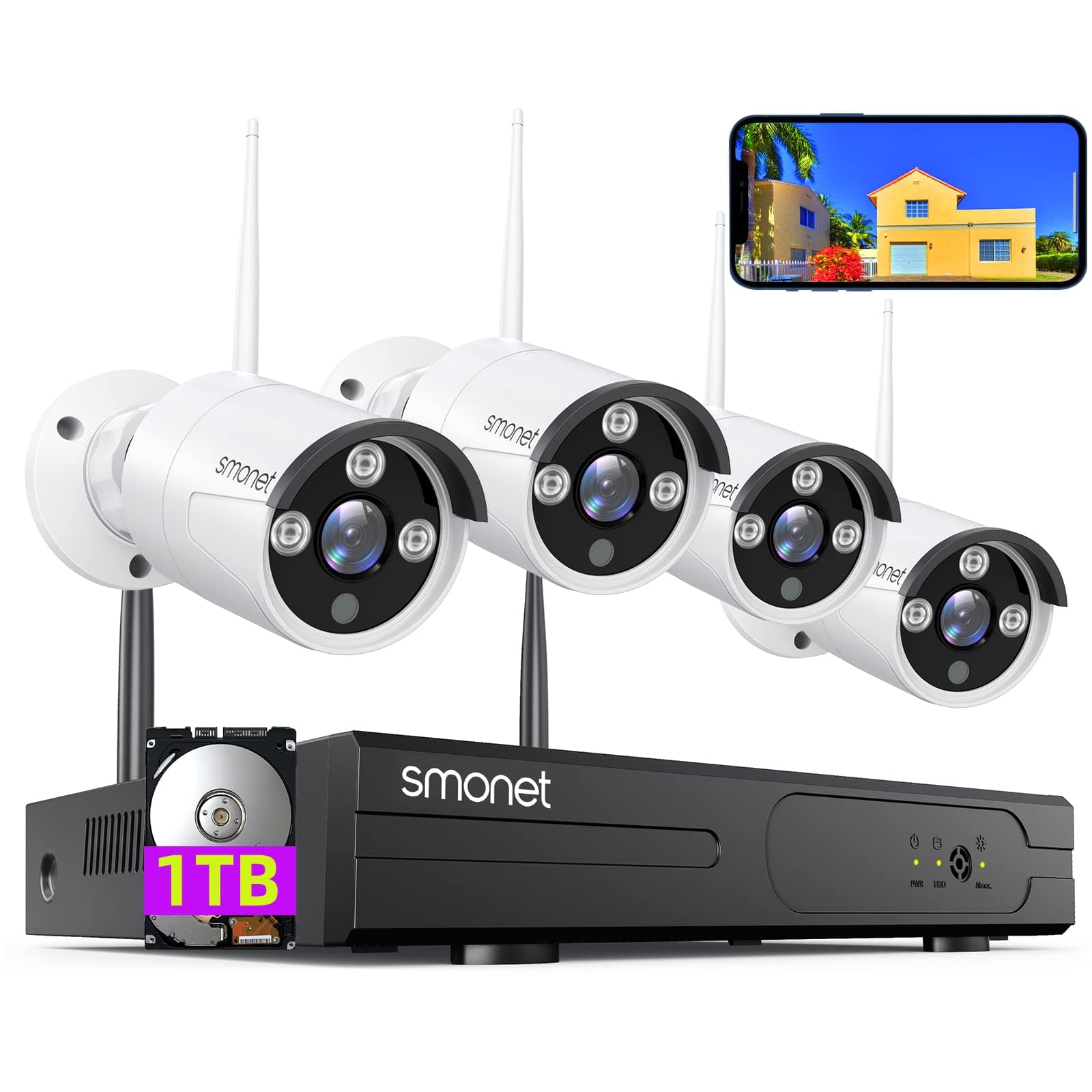 【1TB Hard Drive Pre-Installed】SMONET 1080P Wireless Security Camera System, 8CH Full HD Wireless Home Camera System, 4 Indoor Outdoor Surveillance Cameras, P2P, Super Night Vision, Free App