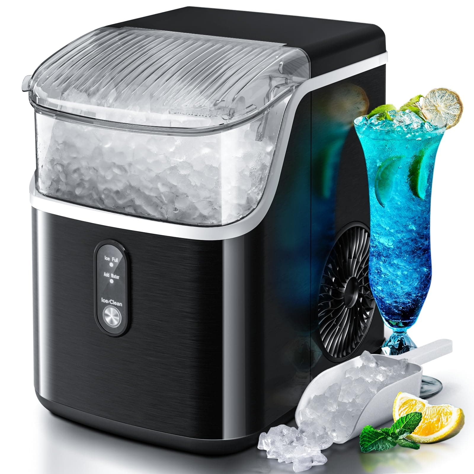 Nugget Countertop Ice Maker with Soft Chewable Pellet Ice, Pebble Portable Ice Machine, 36Lbs/24H, Self-Cleaning, Sonic Ice Maker, One Button Operation, for Kitchen,Office Stainless Steel Black