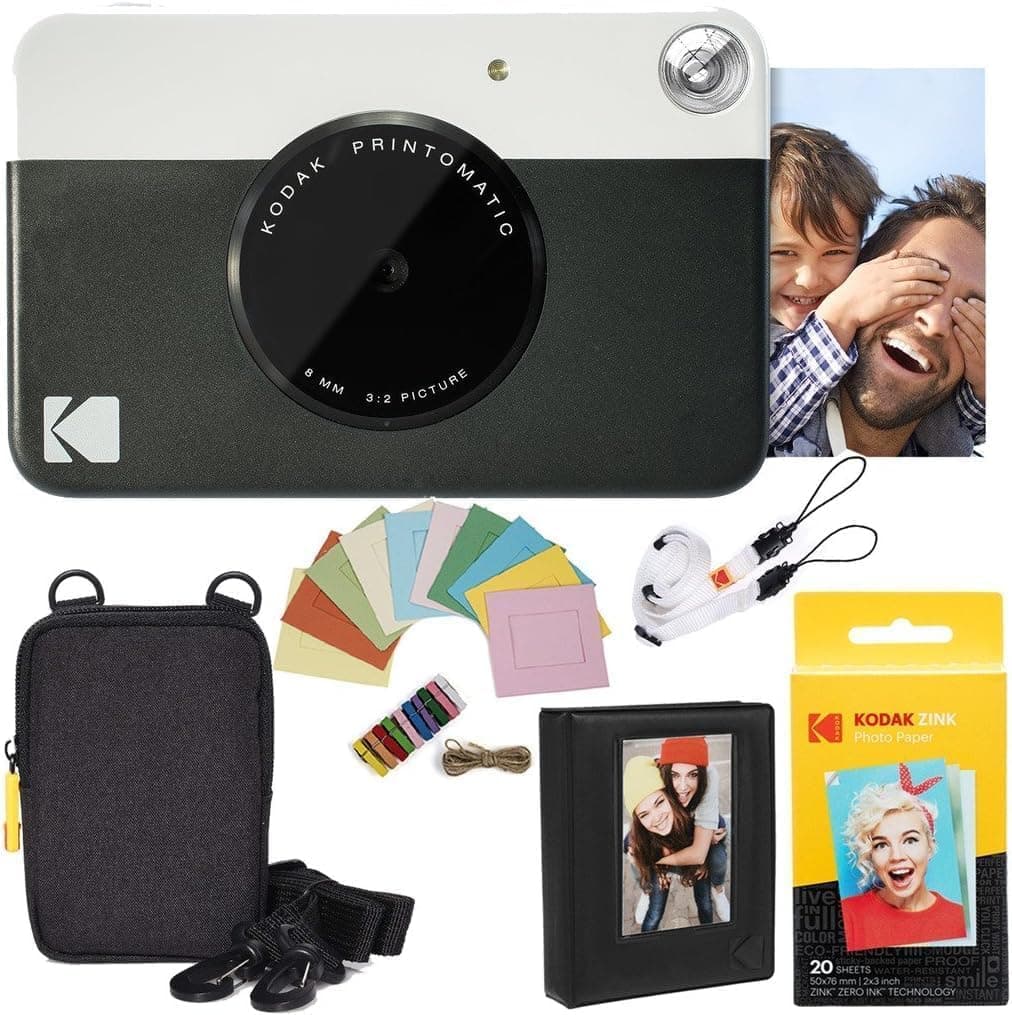 Printomatic Instant Camera (Black) Deluxe Bundle + Zink Paper (20 Sheets) + Deluxe Case + Photo Album + Hanging Frames + Comfortable Neck Strap