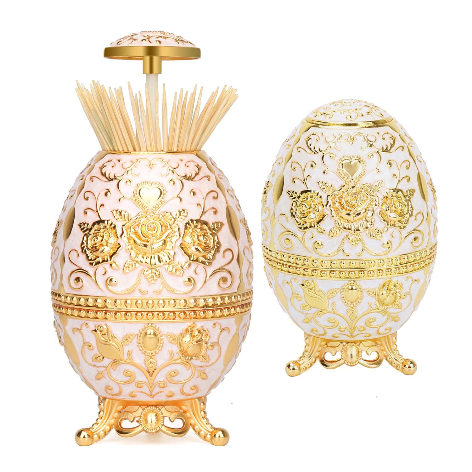 K COOL Gorgeous Automatic Toothpick Holder with Bottle Opener, Hand Press Retractable Retro Toothpick Dispenser Toothpicks Case Can Box Container for Kitchen Home Restaurant (Jade White-Gold Rose)