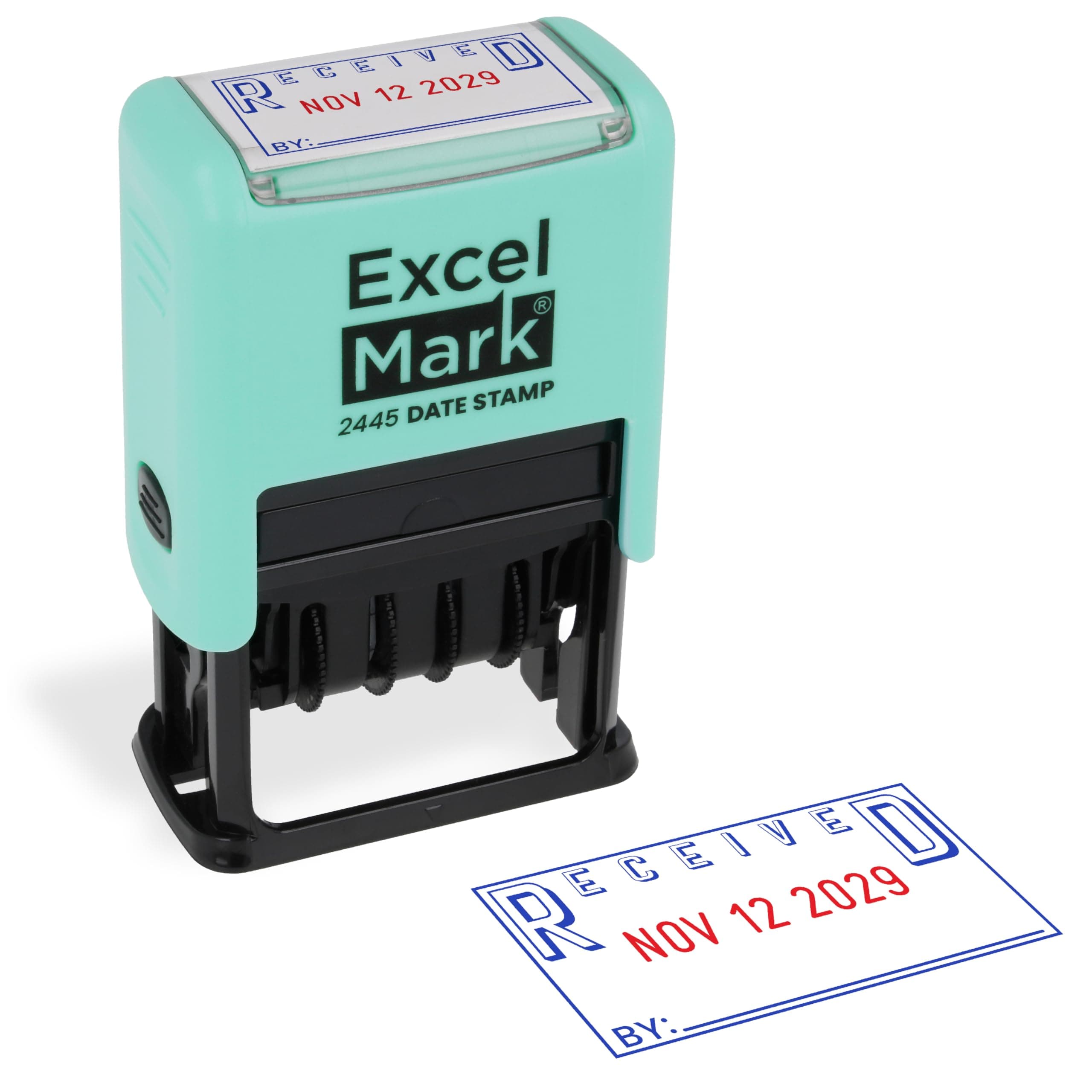 ExcelMark 2445 Date Stamp with Text - Blue and Red Ink (Seafoam Mount, Received)