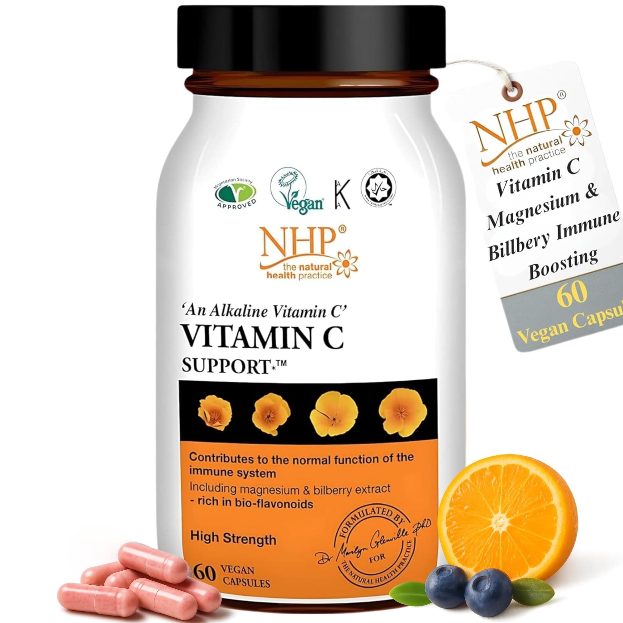 NHP Advanced - Vitamin C Support with Magnesium Ascorbate & Bilberry Immune Boosting Supplement, Supports Nervous System Function, Reduces Fatigue, Gluten - Free, 60 Vegan Capsules