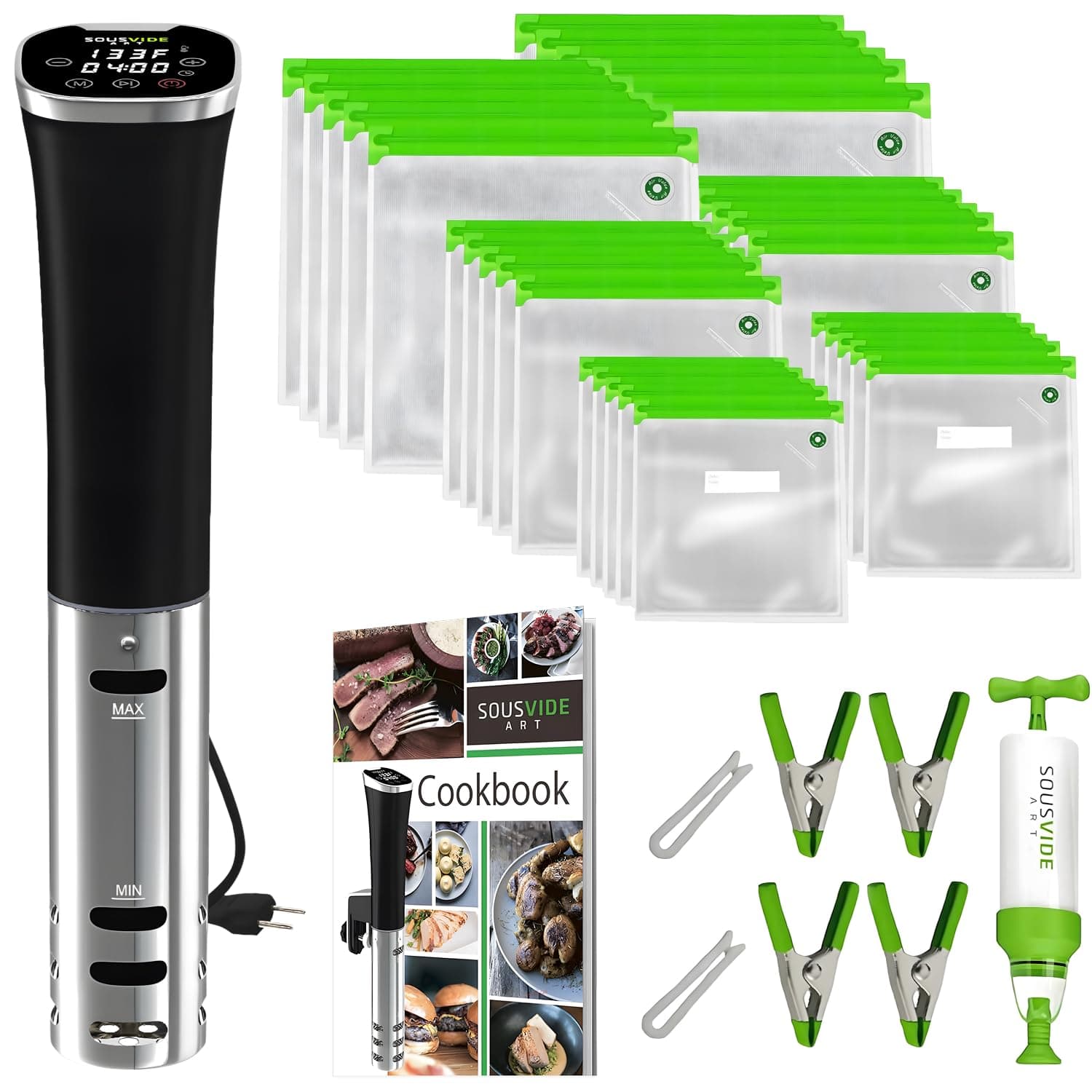 SOUSVIDE ART Sous Vide Immersion Cooker Kit - Machine with Digital Timer, Temp Control, 30 Bags, Vacuum Pump, Suvee Cooker Gift for Chefs