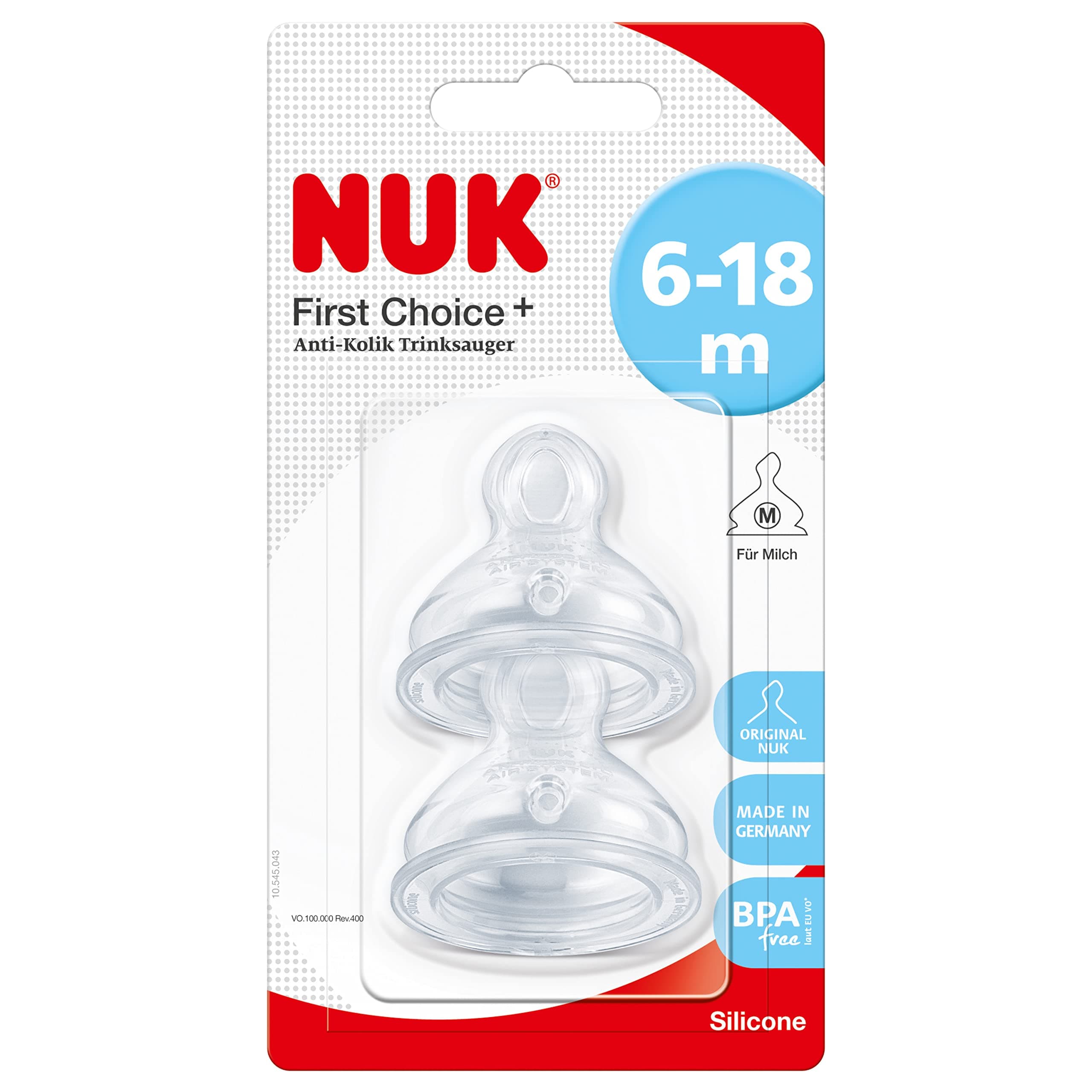 NUK First Choice+ Silicone Replacement Teats , 6-18 Months with Medium Feed Hole , 2 Count