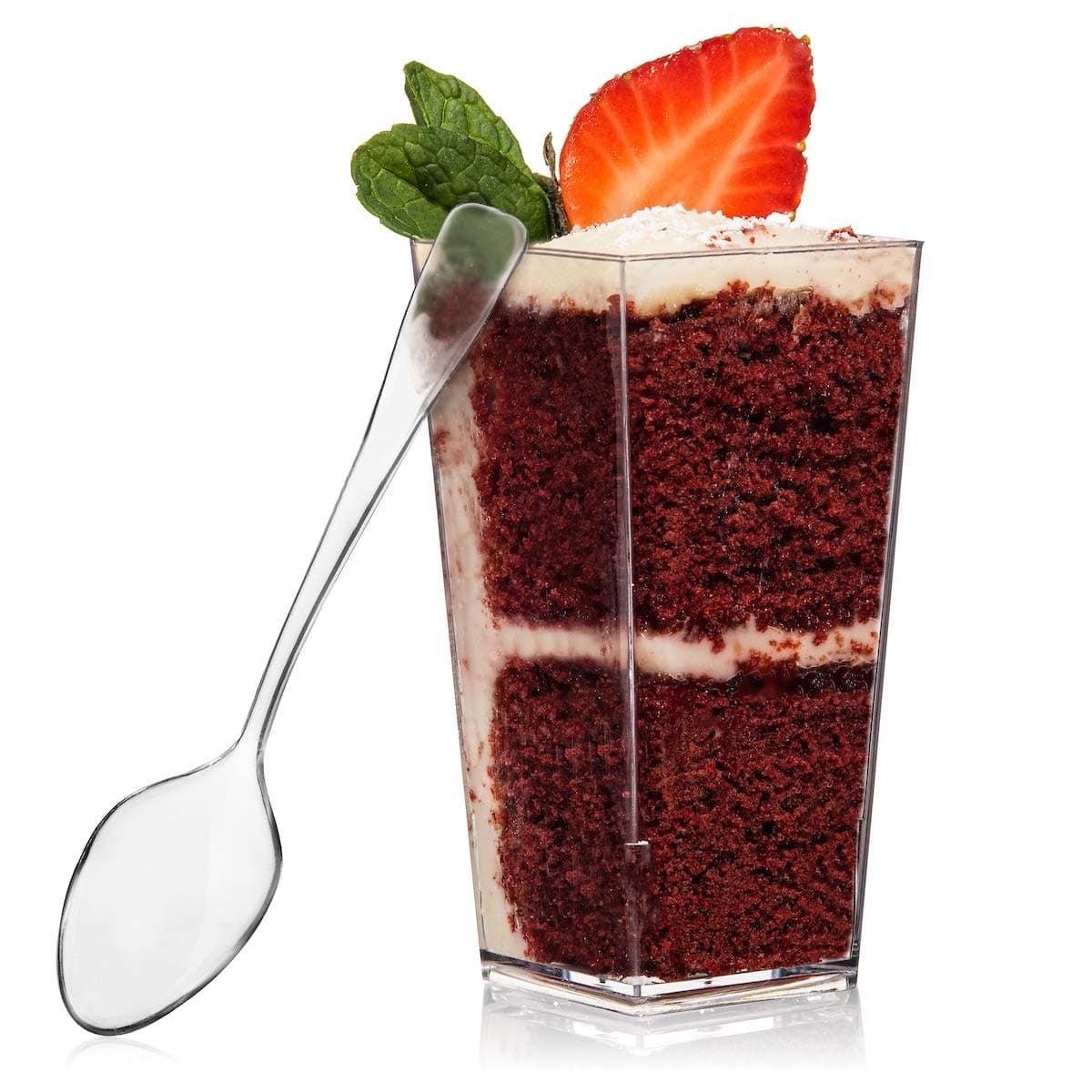 Tall Square Dessert Cup 3 Ounce - Durable Crystal Clear Plastic - 50 Cups Per Pack - Ideal for Desserts, Appetizers, Entrees, Puddings, Mousse, Sorbet and More!