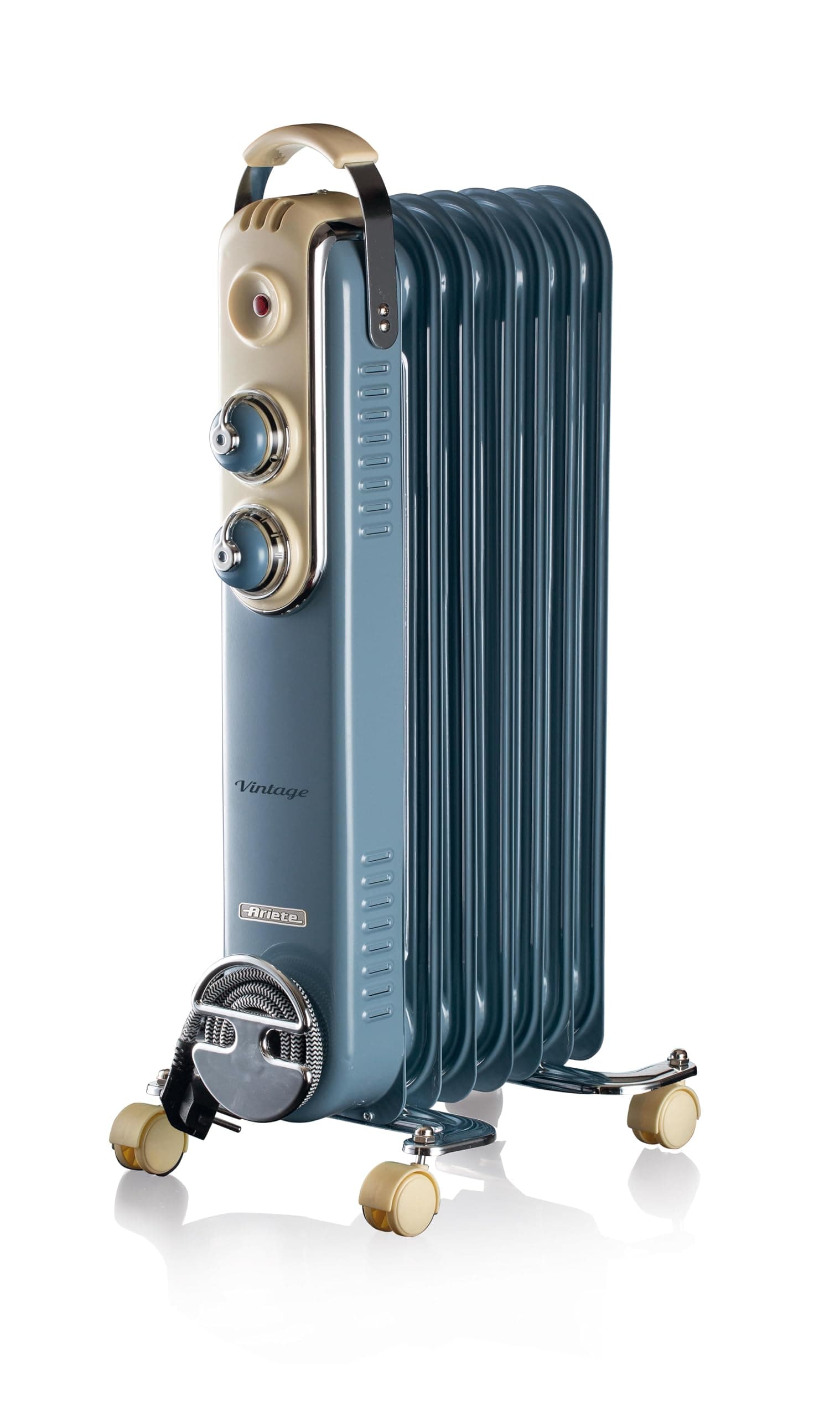 Ariete Vintage Oil Radiator with 7 Heating Elements, Adjustable Temp at 3 Power Levels 600W, 900W, 1500W, Swivel Wheels, Fast Room Heater Ideal for Bedroom, Home & Office - Blue ‎ART837/05
