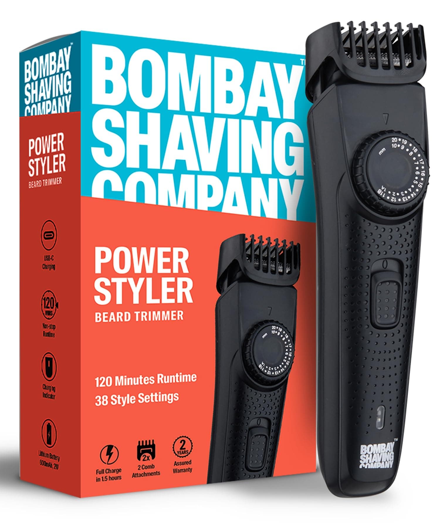 Bombay Shaving Company Beard Trimmer for Men, 2X Fast Charging, USB Type C, 120Min runtime, Hair Trimmer, Shaving Machine, Cordless Beard, 38 Length Settings, Prime Trimmer Black