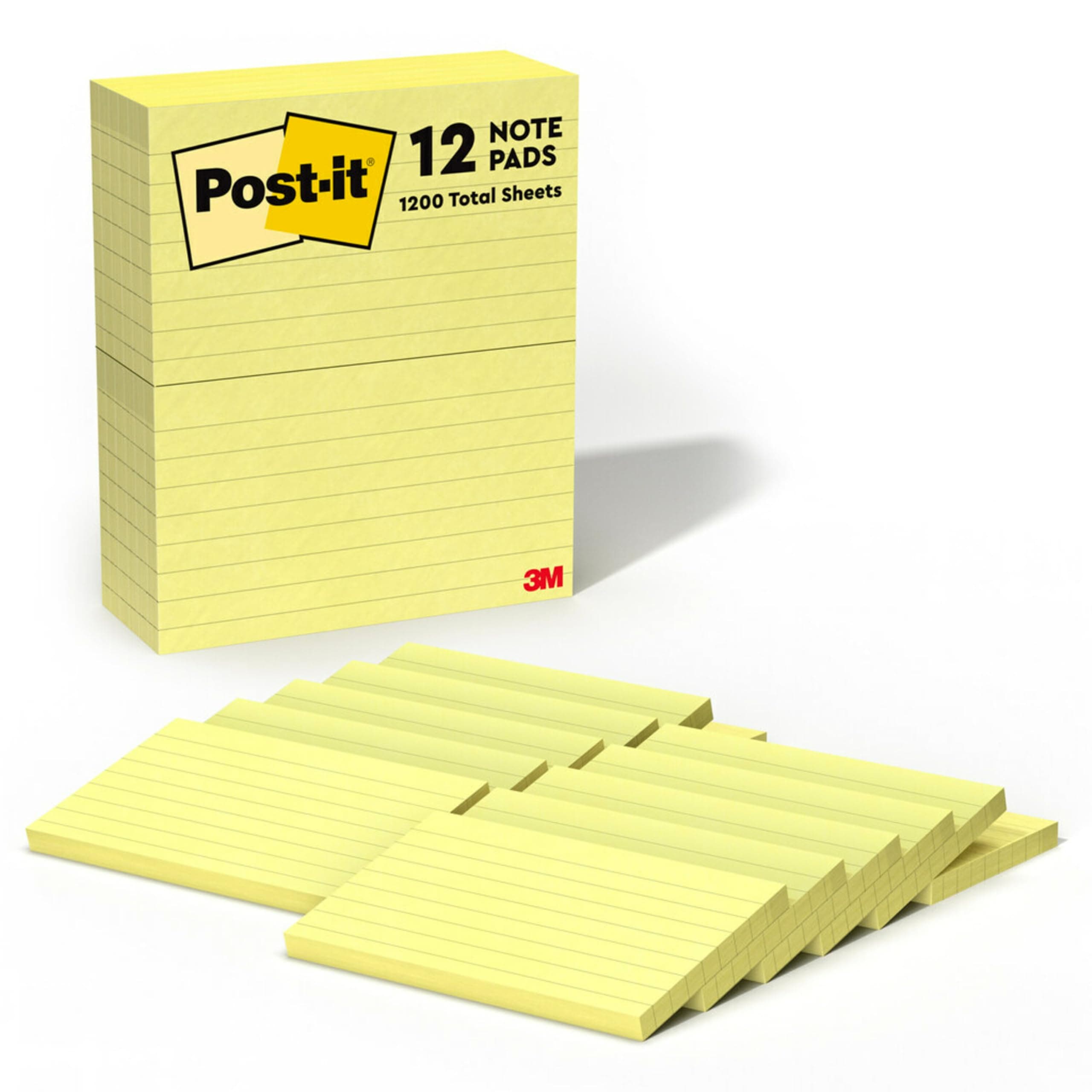 Notes, 3 in x 5 in, 12 Lined Sticky Notes Pads, 100 Sheets per Pad, Canary Yellow, The Original Post-it Note, School Supplies and Oﬃce Products