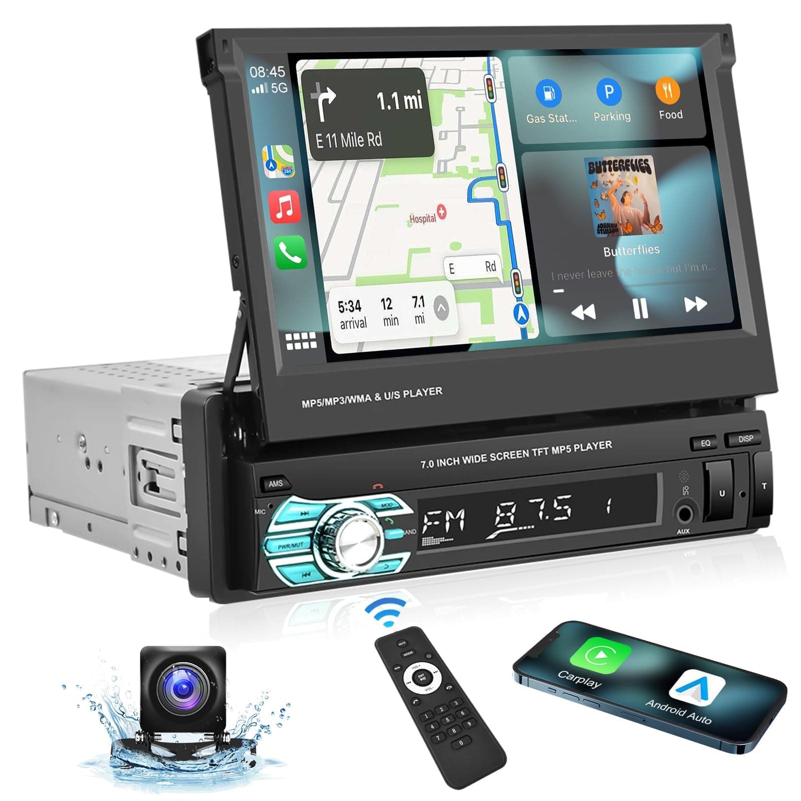 Single Din Carplay Car Stereo with Bluetooth AHD Backup Camera, 7 Inch flip Out Touch Screen Car Radio MP5 Player Support Android Auto, Mirror Link, USB, TF, FM Radio, Aux-in, SWC